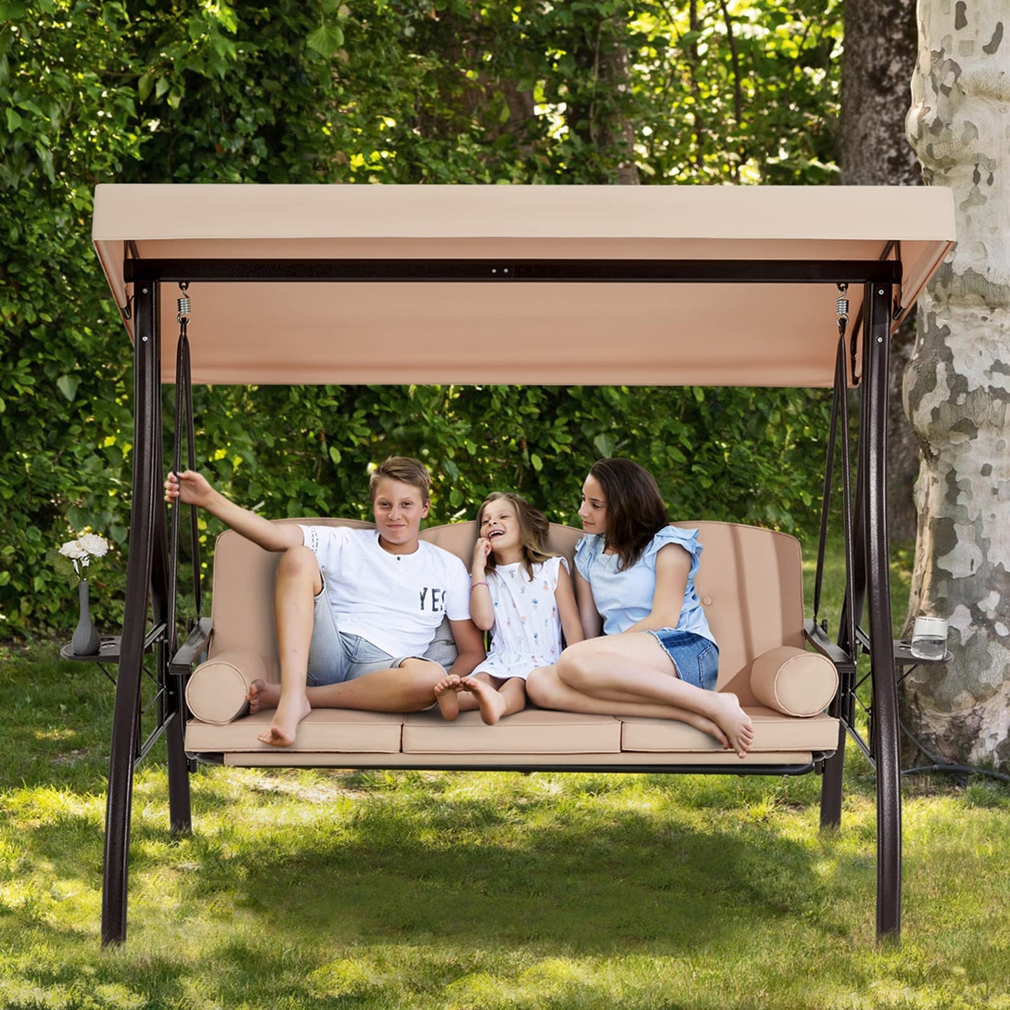 HOMREST 3 Person Outdoor Porch Swing with 1.5" Upgraded Cup Holder, Adjustable Canopy, Backrest, Patio Swing Bed with Weather Resistant Steel Frame, Cushions for Garden,Deck and Poolside(Khaki)