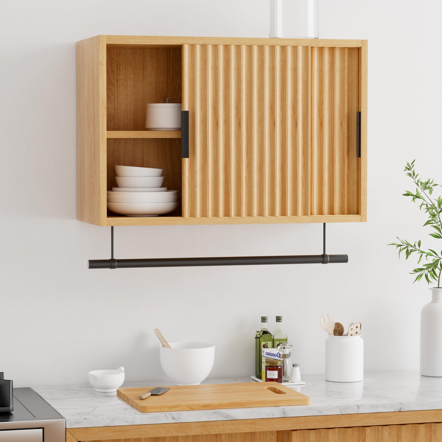MoomJiee Bathroom Wall Cabinet with Fluted Sliding Door, Wooden Medicine Cabinet with Towels Bar Adjustable Shelf, Modern Farmhouse Wall MountedOver Toilet Storage Organizer, Natural Oak