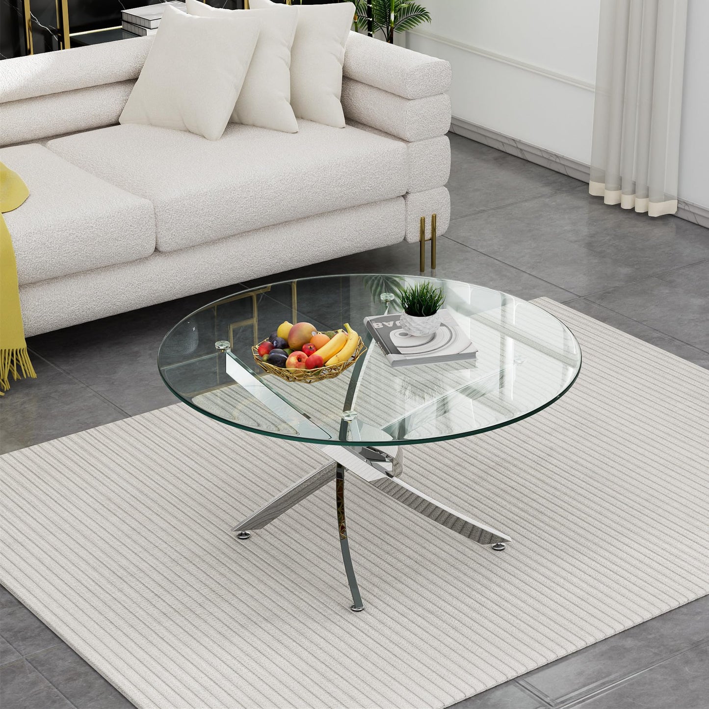 SSLine Modern Round Glass Coffee End Table Set of 2 Luxury Circle Cocktail Center Table with 1 End Table for Living Room Bedroom Office, Mirrored Stainless Steel Cross Base(Clear Silver2)