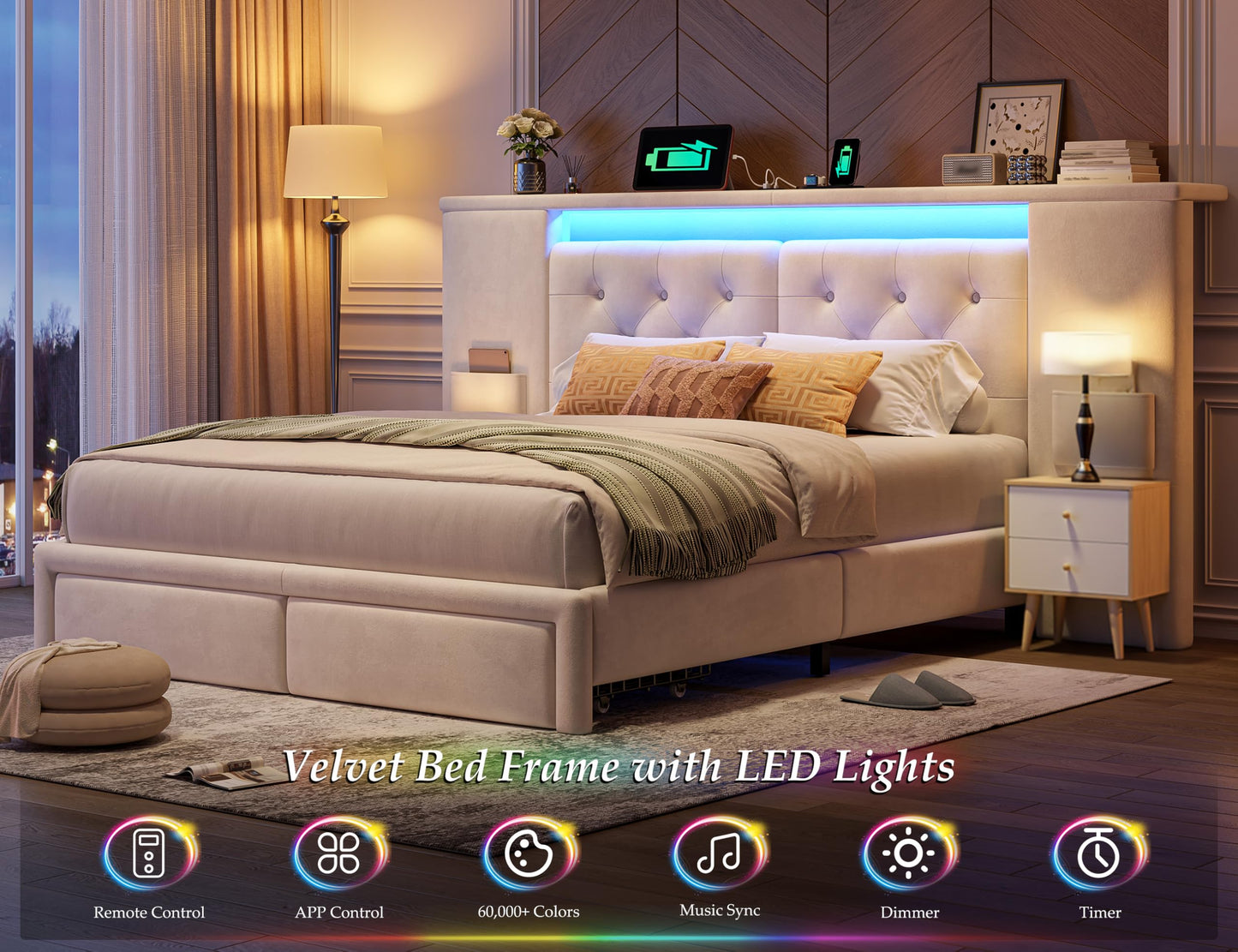 Homkdom Luxury Queen Bed Frame with 2 Storage Drawers and Upholstered Oversized Headboard, Modern Velvet Bed Frame with LED Lights and Charging Station, No Box Spring, Beige