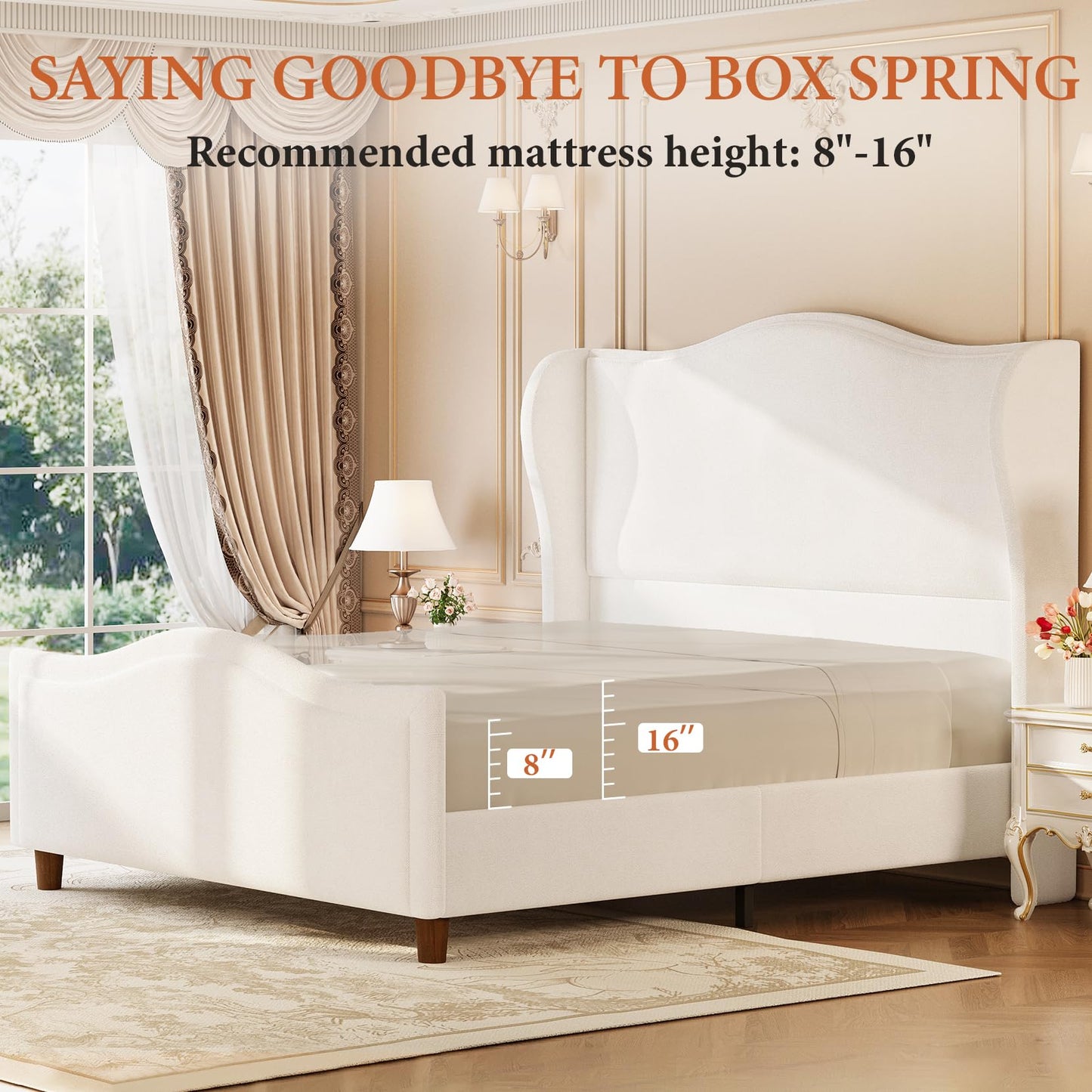 Koorlian King Size Bed Frame Chenille Upholstered Platform Bed with Headboard and Footboard, 51" High Deep Curved Tufted Wingback Upholstered Sleigh Bed Frame No Box Spring Needed/Easy Assembly, Cream