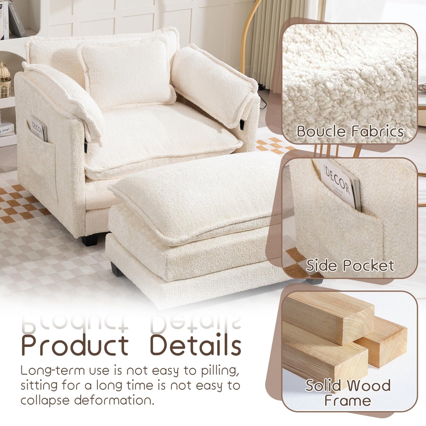 KEIKI Boucle Accent Chair with Storage & Ottoman, Oversized Reading Arm Chair w/Double Cushion, Modern Side Deep Seating Chairs Set, Corner Comfy Lounge Armchair for Living Room, Bedroom, White
