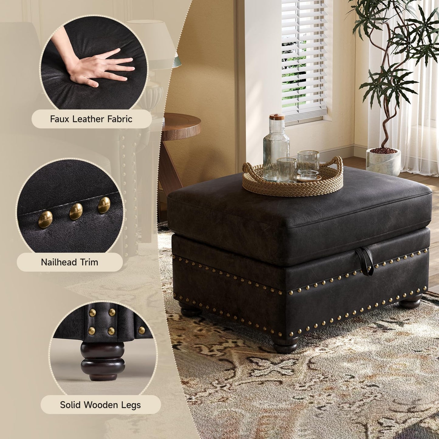 ONBRILL Faux Leather Ottoman with Storage, Rectangle Ottoman Coffee Table with Nailhead Trim, Solid Wood Legs, Oversized Upholstered Footrest Stool for Living Room, Bedroom, Apartment, Black