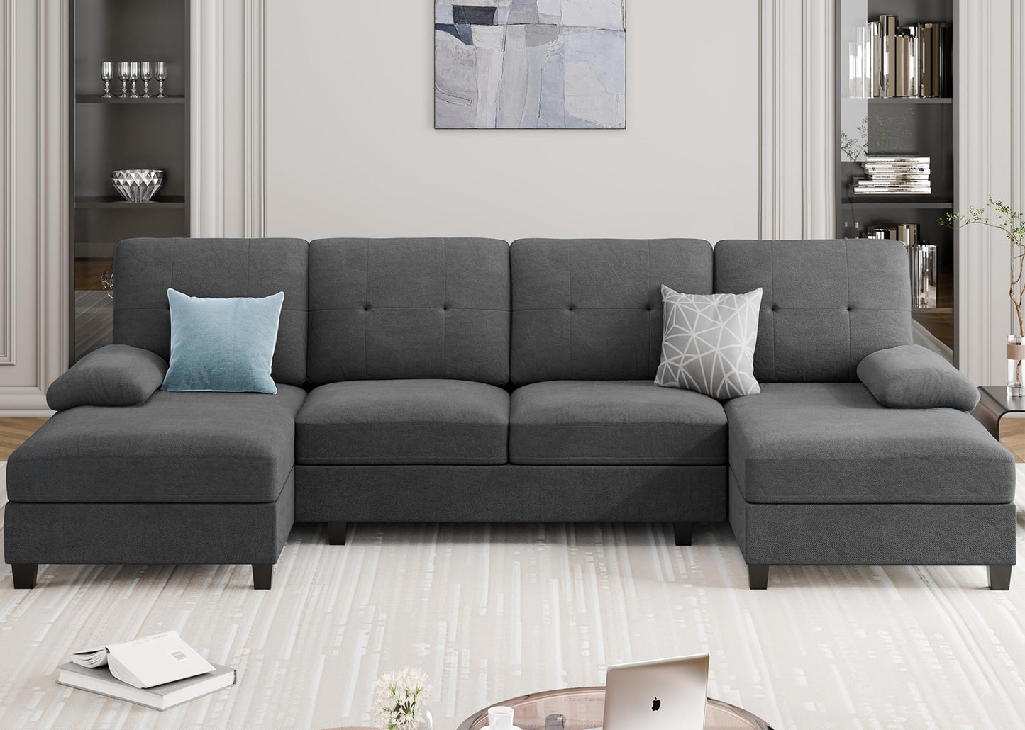 Meilocar Sectional Couches for Living Room, 106 in U Shaped Couch Soft Sectional Sofa with Double Chaise, Comfortable Fabric 4 Seat Sofa Couch for Apartment (Black)