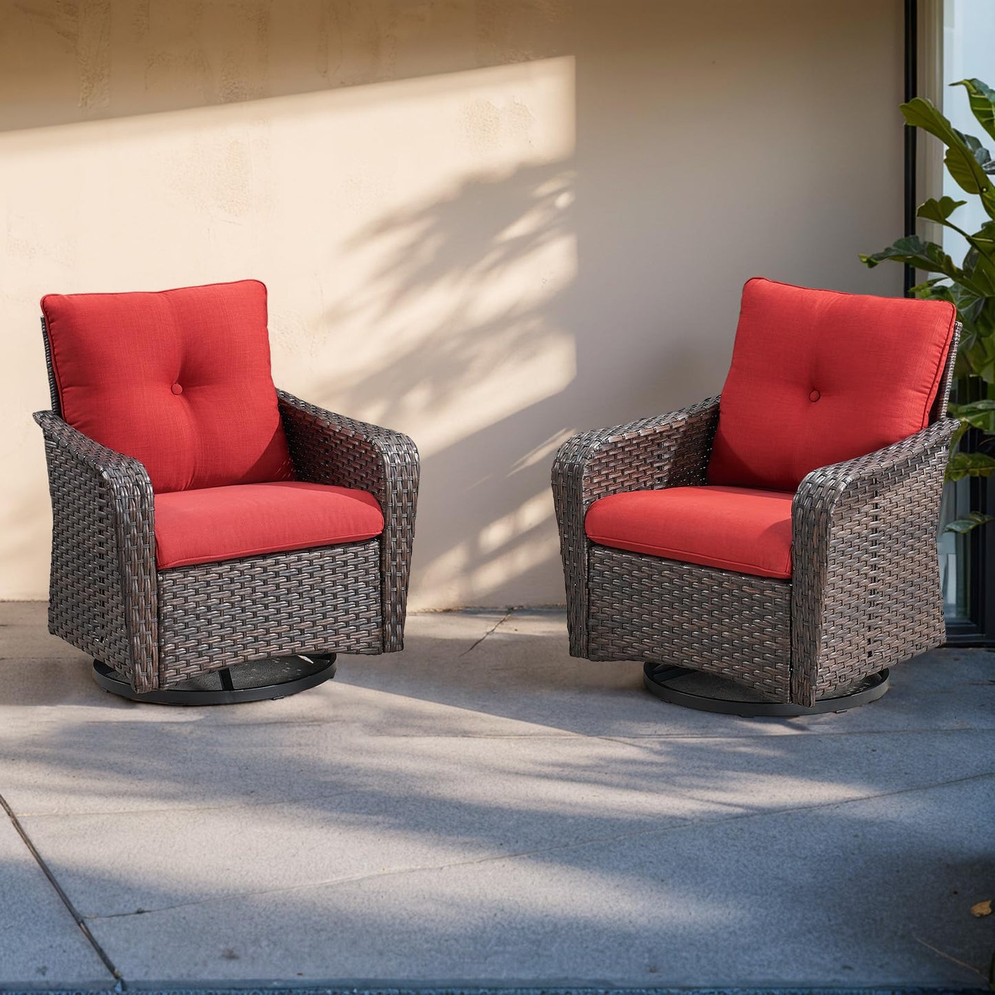 Rilyson Outdoor Patio Swivel Rocker Chairs - 2 PC Wicker Rattan Patio Rocker Glider Chair Set with High Back,Comfy Cushions and Deep Seating for Porch Deck Backyard Garden(Brown/Red)