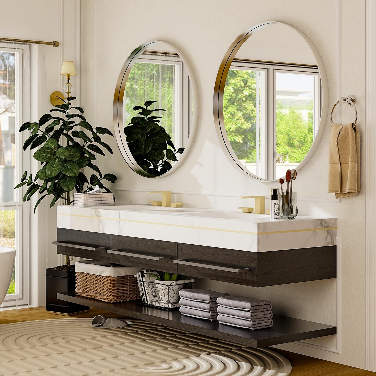 Easly 24 Inch Round Bathroom Mirror - Wall Mounted Circle Mirror with Metal Frame, Modern Mirror Suitable for Bathroom, Vanity, Entryway, Living Room, Wall Decor，Silver