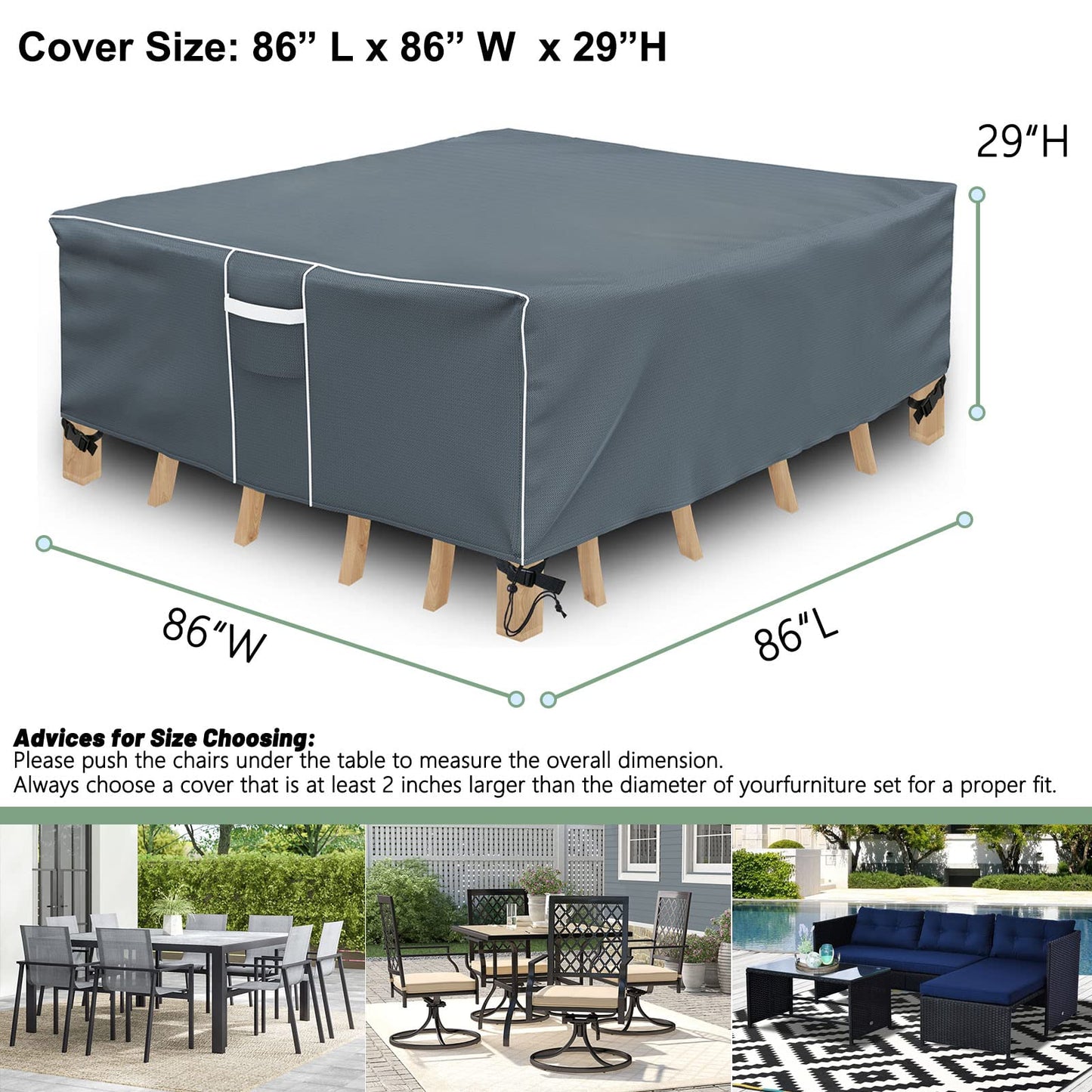 Gasadar Square Patio Heavy Duty Table Cover 600D, Outdoor Patio Sectional Furniture Cover Waterproof for Outdoor Dining Table and Chairs General Purpose, 86" L x 86" W x 29", Grey