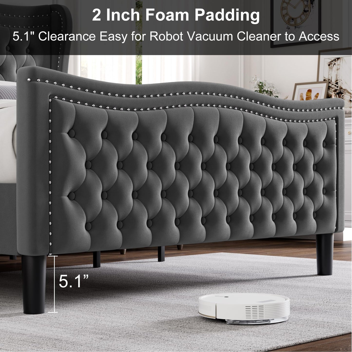 VINTLJUS Queen Bed Frame with Tall Headboard & Footboard, Velvet Upholstered Platform Bed Frame with Deep Button Tufted Wingback, No Box Spring Needed, Noise Free, Grey