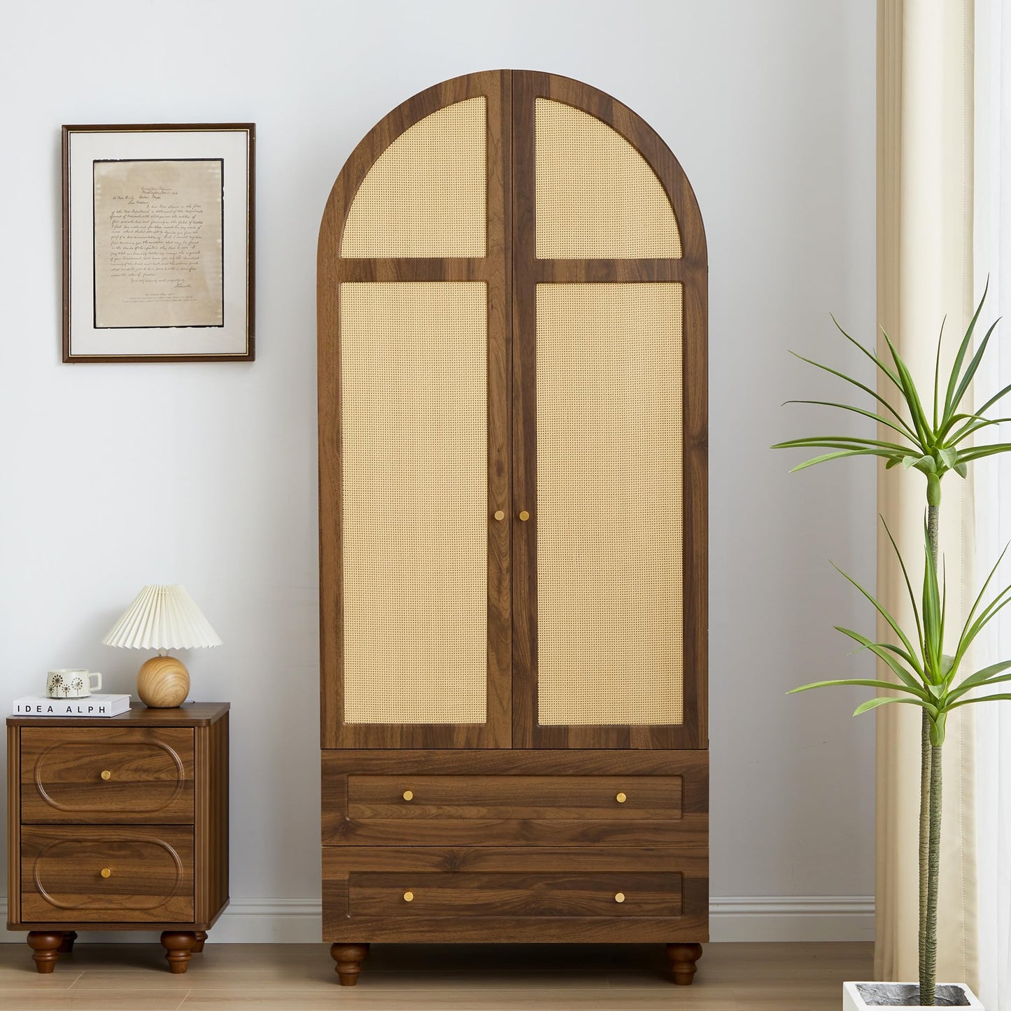 YUCHIATH Arched Armoire Wardrobe Closet with 2 Rattan Doors, Wooden Wardrobe Closet with 2 Drawers, 74.8 "H Bedroom Armoires with Hanging Rod (Walnut1)