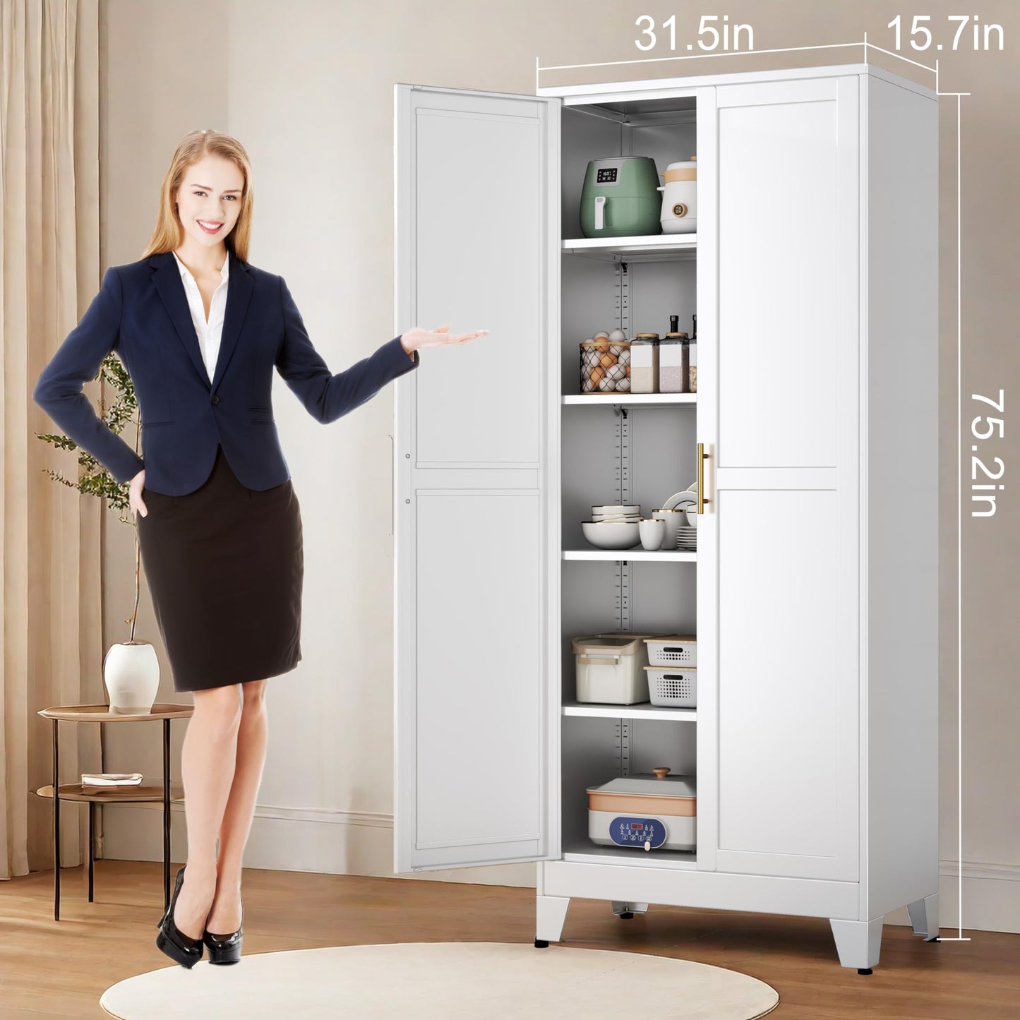 erosoei 75.2”H Metal Kitchen Pantry Storage Cabinet, Storage Cabinets with Adjustable Feet and Shelves,Food Pantries Cupboard for Kitchen, Living Room, Laundry Room and Dinning Room（White）