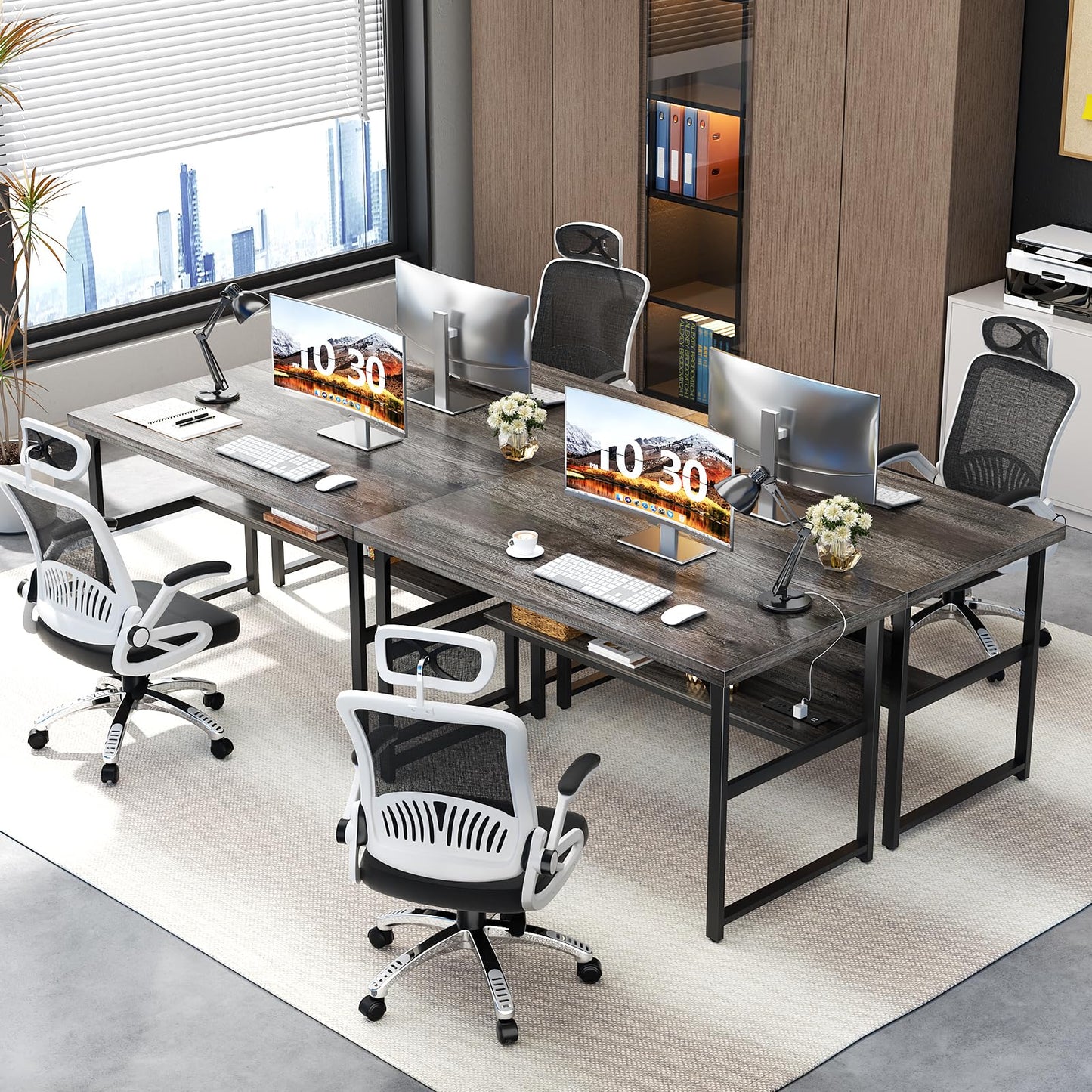 Unikito 53 Inch Desk with Power Outlets and USB Ports, Computer Desk with 1.4 Inch Thicker Desktop, Heavy Duty Study Writing Table with Shelf, Work Gaming Desk for Home Office, Metal Frame, Black Oak