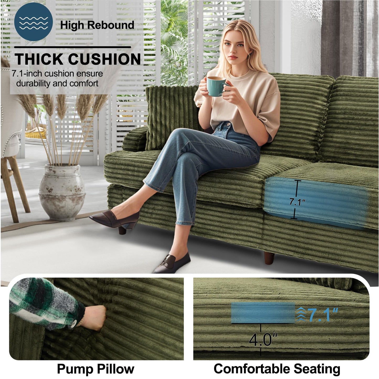 Ribilake 80 Inch Sofa Couch, Comfy Love Seat Couches for Living Room, Mid Century Modern Oversized Two Seater Couch, Plush Corduroy Deep Seat Sofas for Bedroom, Small Space Apartment, Green