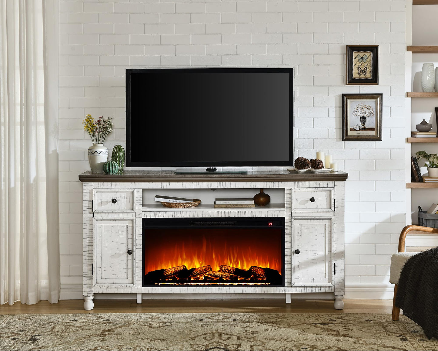 AMERLIFE 70”Fireplace TV Stand for TVs up to 75”, Farmhouse Entertainment Center with 36”Electric Fireplace Insert, Solid Wood Media Console with Storage, Distressed White