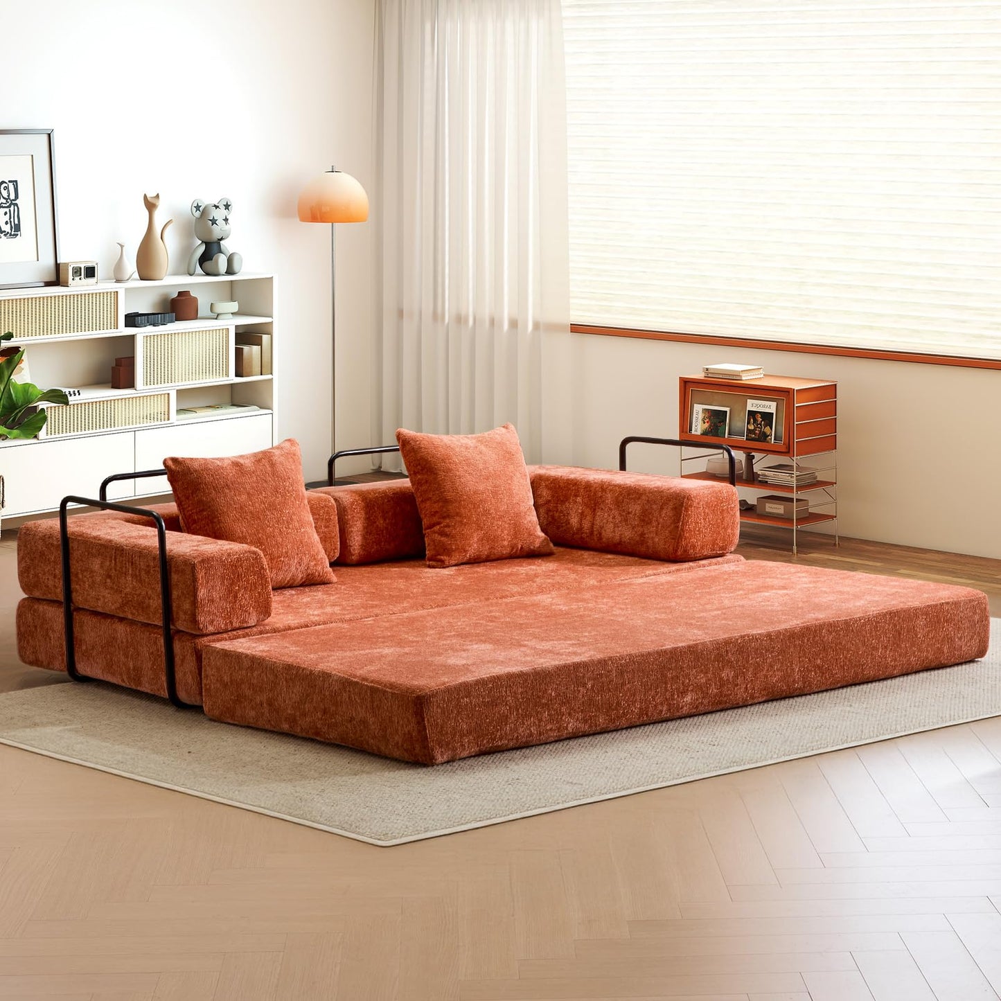 Convertible Folding Sleeper Sofa Bed, Boneless Couch with Fixed-Shape Frame, Compression Foam Sofa, Futon Foldable Mattress, Pull Out Couch Bed for Living Room Bedroom Lounge(Chenille, Orange)