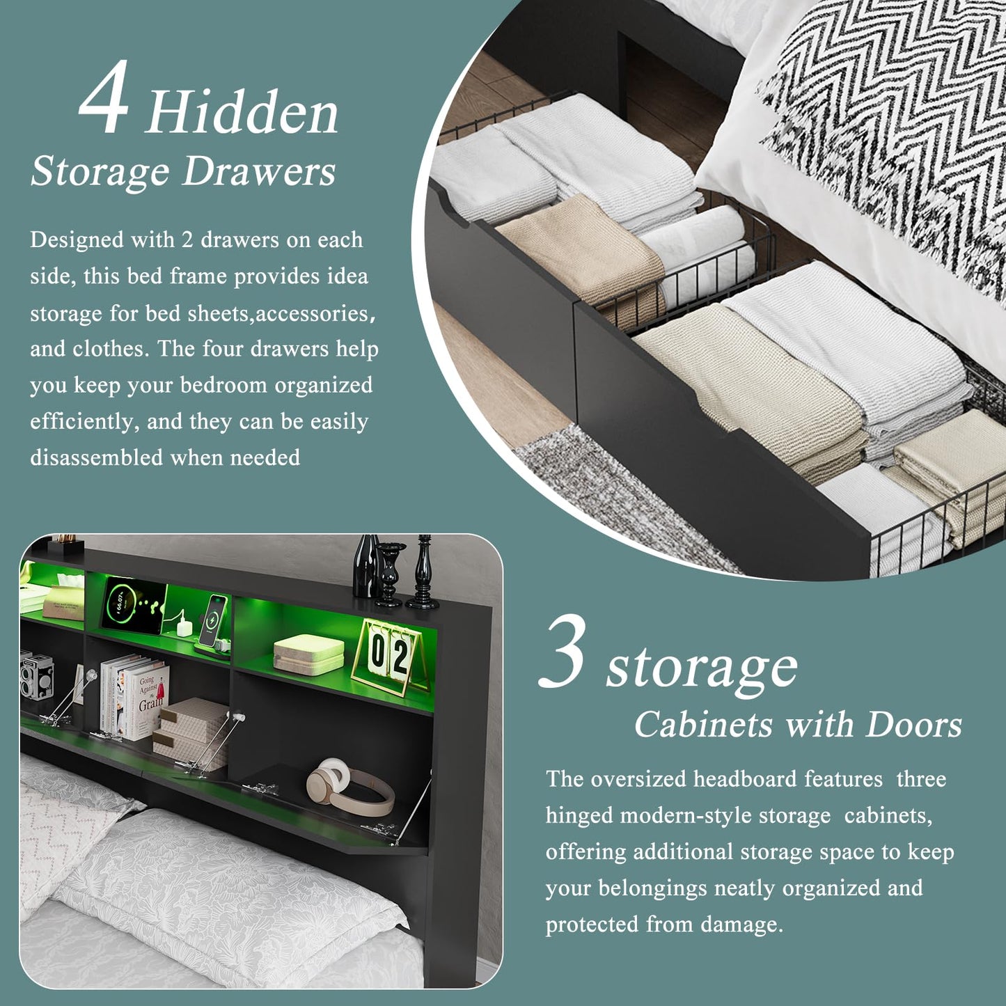 Modern Black King Size Bed Frame with 4 Storage Drawers, 48" Tall Storage Headboard with Charging Station, Platform Bed with LED Lights, No Box Spring Needed, Easy Assembly
