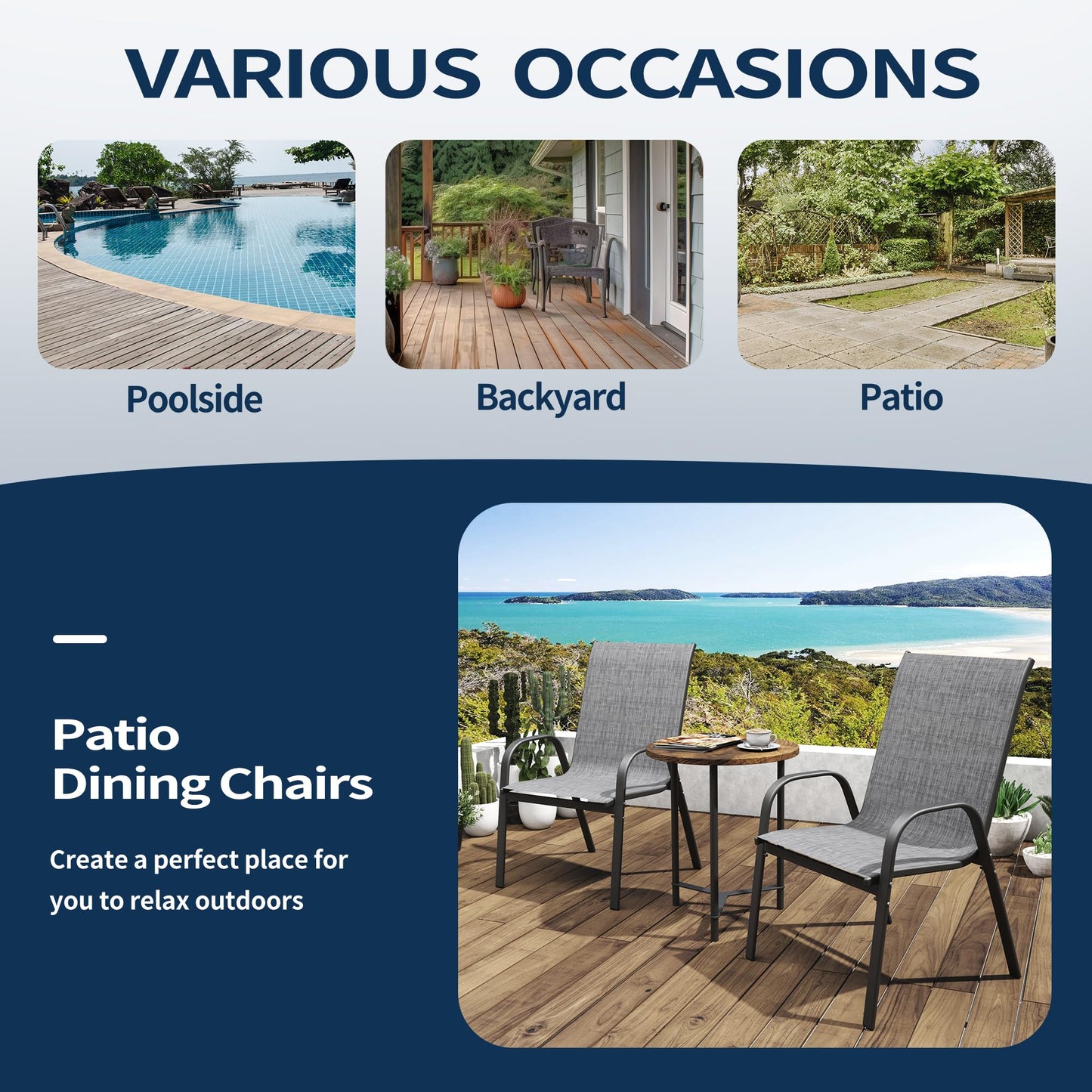 PIZZELLO Patio Chairs Set of 4, Outdoor Stackable Dining Chairs for All Weather, Lightweight Textilene Outdoor Chair Sets with Armrests, 300Lbs Capacity, for Backyard Porch Poolside Garden (Grey)