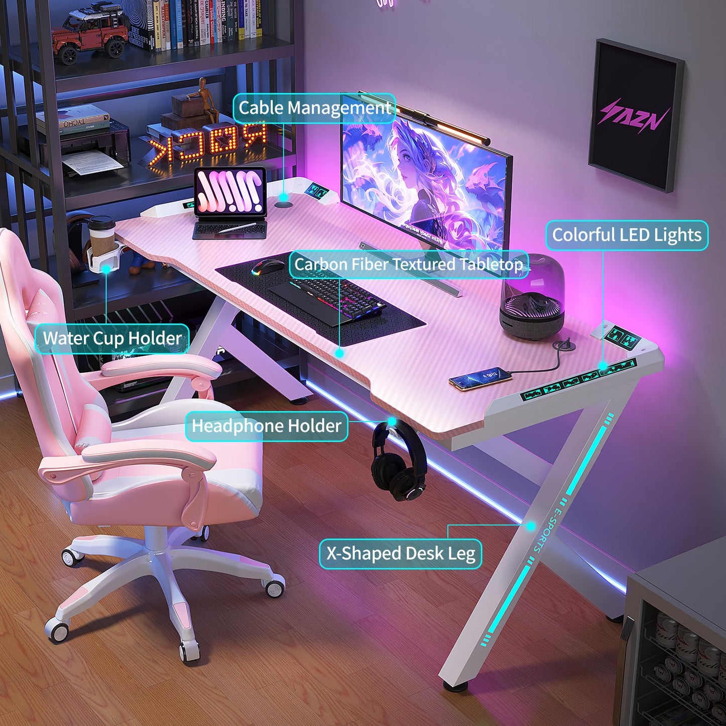 AZN Gaming Desk with LED Lights, Home Office Desks, Computer Desk Gaming Small Desk for Bedroom, Study Table with USB Charging Ports (Pink, 55 Inch)