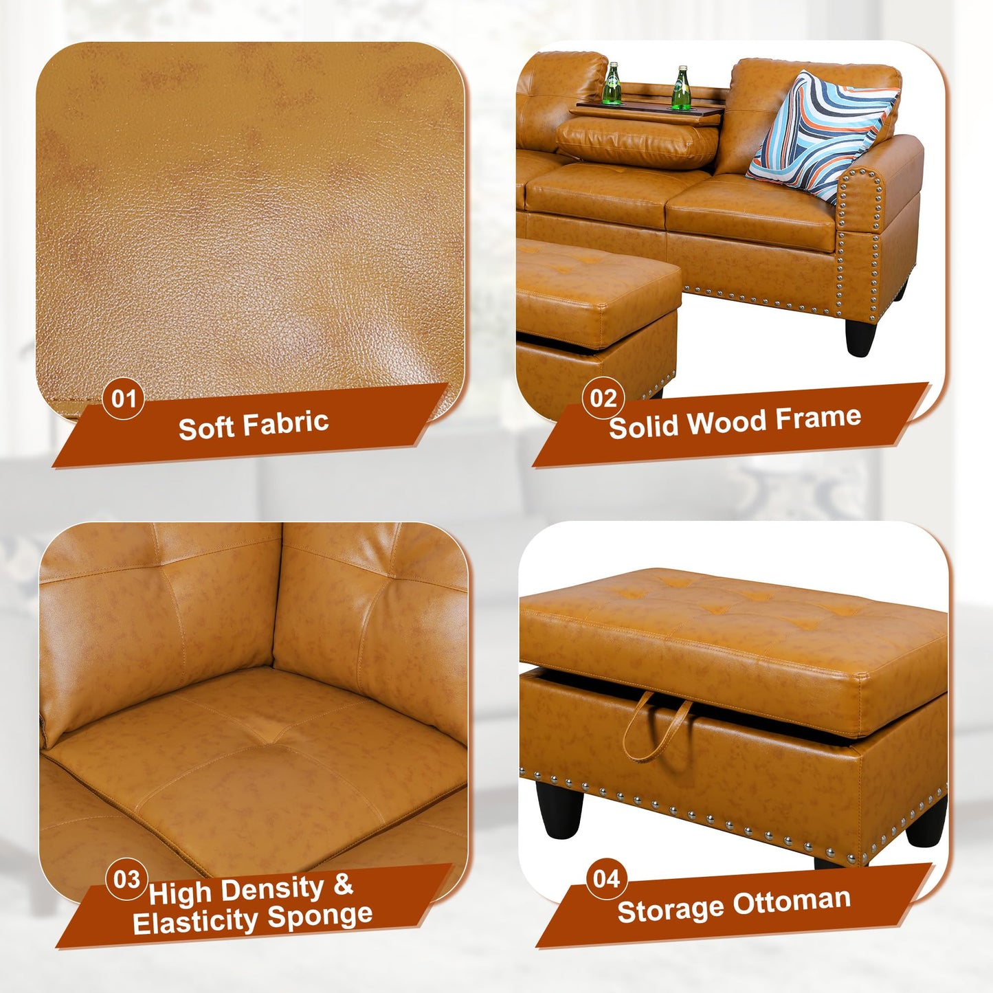 Osparple Sectional Couch L Shaped Couch for Living Room 3 Pieces Semi PU Synthetic Leather Modular Sectional Sofa Set with Chaise, Ottoman with Storage for Small Apartment, Ginger