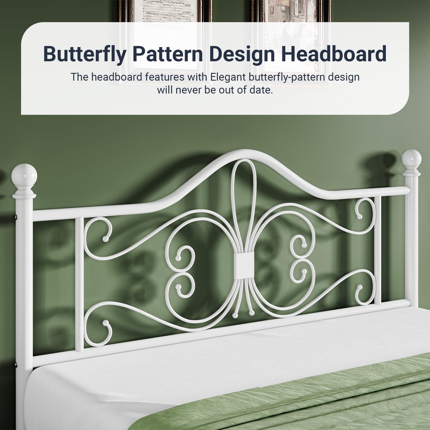 Allewie Queen Size Bed Frame with Headboard,Metal Bed Frame with Butterfly Pattern Design Headboard & Footboard,No Box Spring Needed,Easy Assembly,White
