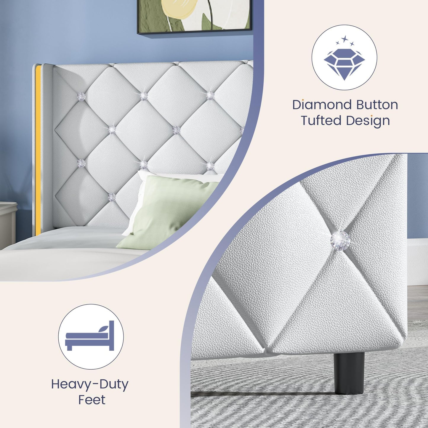 Full Upholstered Bed Frame with Headboard, Faux Leather Platform Bed with Wingback Design, Modern Diamond Bed Frame with Tufted Deep Button, No Box Spring Needed, Easy Assembly, White