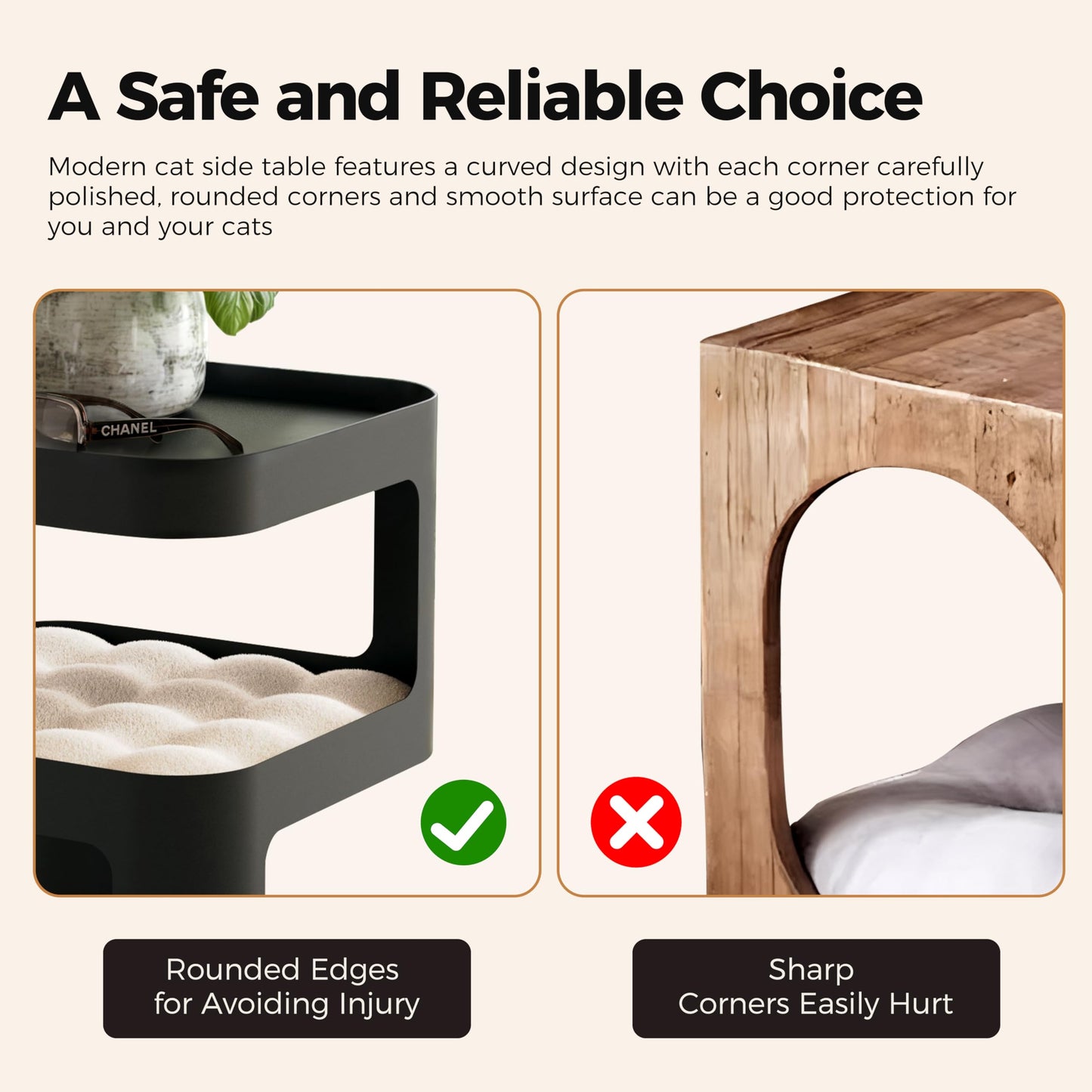 EUREKA ERGONOMIC Side Table Cat Beds, Metal Nightstand with Cat House, Square End Table with 3 Tier Storage, Modern Side Table Small End Beside Table for Living Room Bedroom Indoor, No Assembly, Black