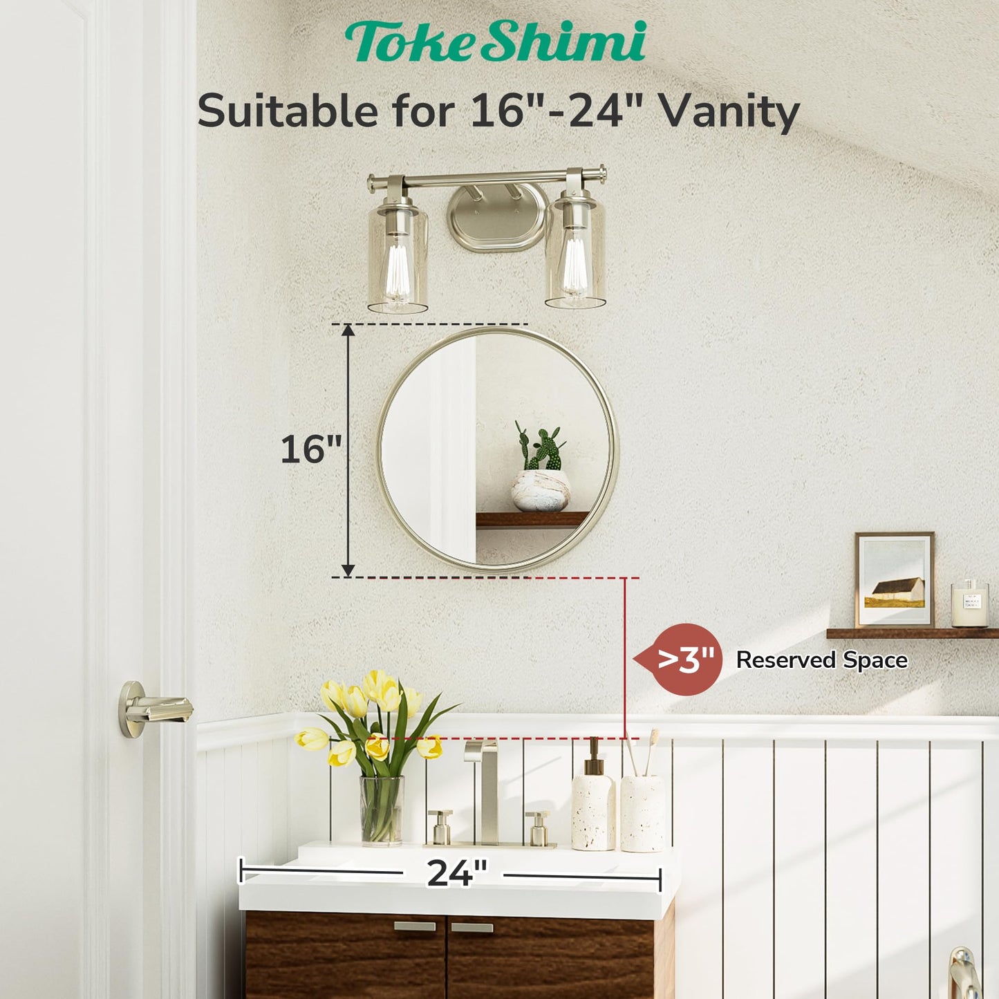TokeShimi 16 in Round Bathroom Vanity Mirror Framed Brushed Nickel Bathroom Mirror for Wall Farmhouse, 16x16 Shatterproof Circle Bathroom Mirrored for Living Room, Bedroom, Entryway, Restroom