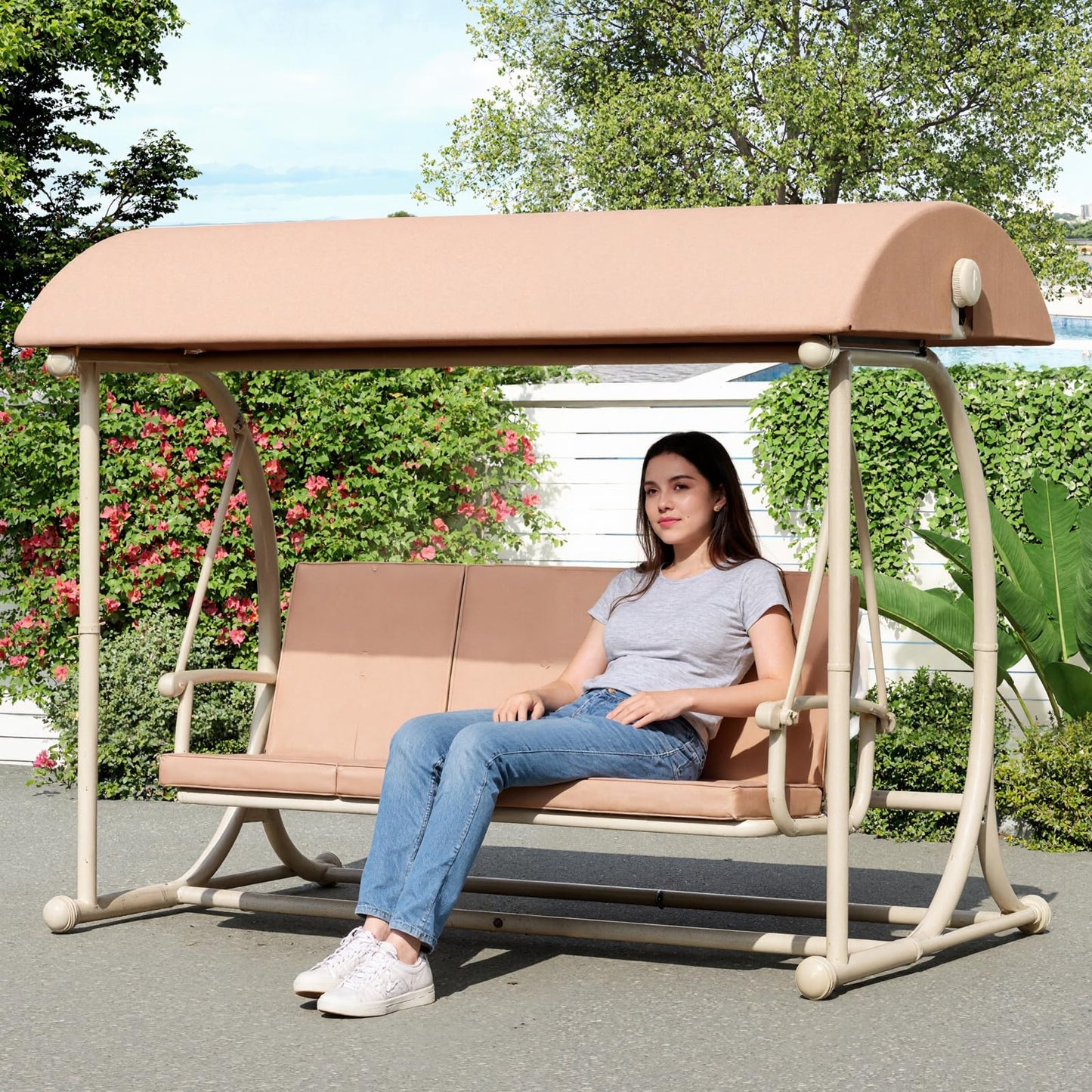 DAYAOUTDOOR Patio Swing with Canopy, Outdoor Swinging with Stand, Backyard Swings for Adults, 2 in 1 Porch Swing Bed, Outdoor Patio Swings,Yard Heavy Duty Covered Patio Swing, Khaki