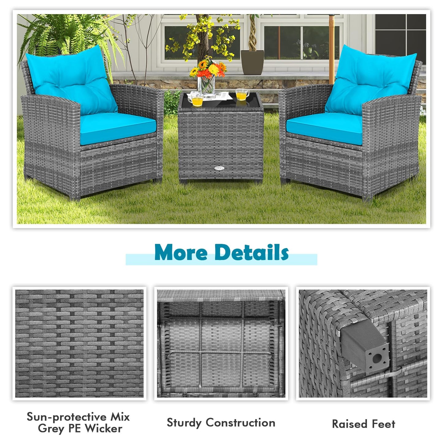 Tangkula 3 Pieces Patio Furniture Set, Outdoor PE Rattan Conversation Chair Set with Tempered Glass Side Table and Removable Cushions, PE Wicker Chairs and Table Set for Porch, Balcony and Garden