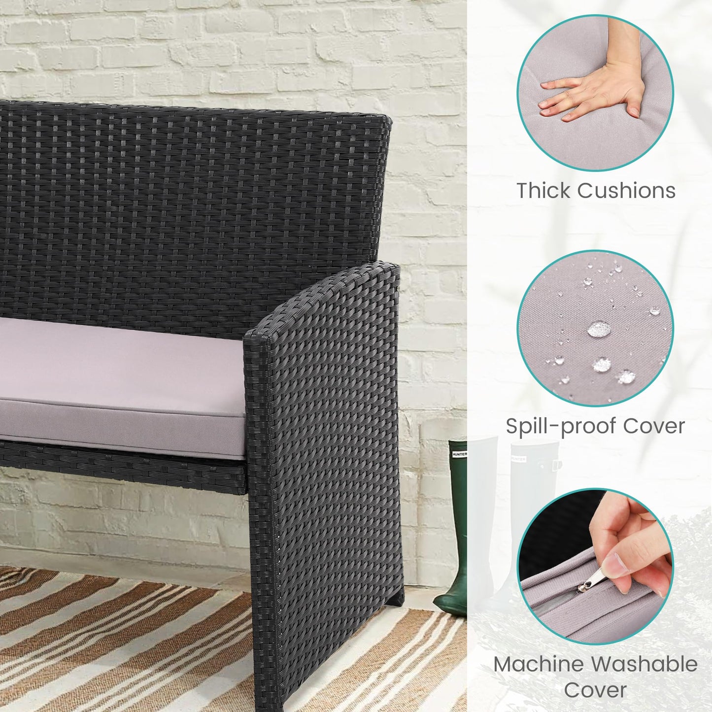 Murago 4 Piece Patio Furniture Set, Wicker Outdoor Conversation Sets, Patio Furniture with Matching Wicker Coffee Table, Sofa, and 2 Chairs,Black Rattan with Light Grey Cushion