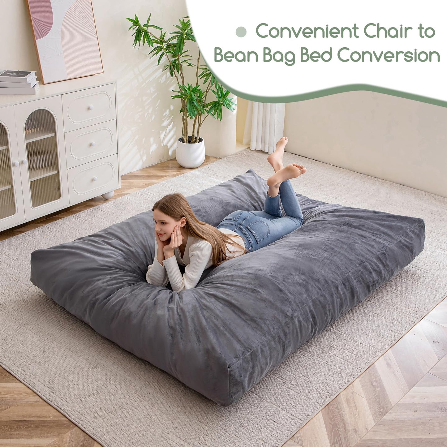 HIGOGOGO Giant Bean Bag Chair Bed for Adults,Convertible Beanbag Folds from Lazy Chair to Floor Mattress Bed,Large Floor Sofa Couch with High-Density Foam Filling, Machine Washable, Dark Grey