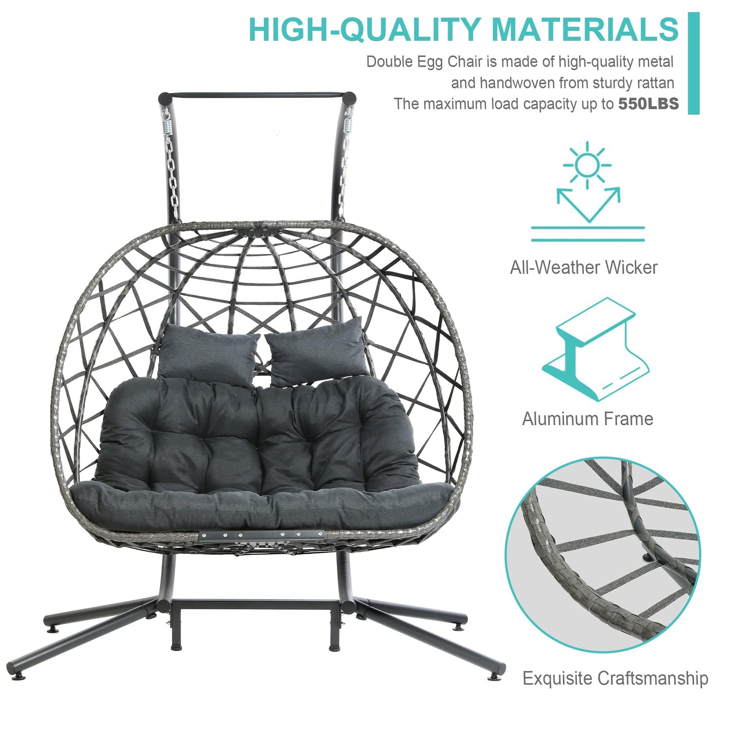 SWITTE Double Egg Swing Chair with Stand, 2 Person Outdoor Indoor Hammock Hanging Chair with Cushion for Patio Living Room 550 LBS Capacity-Dark Grey