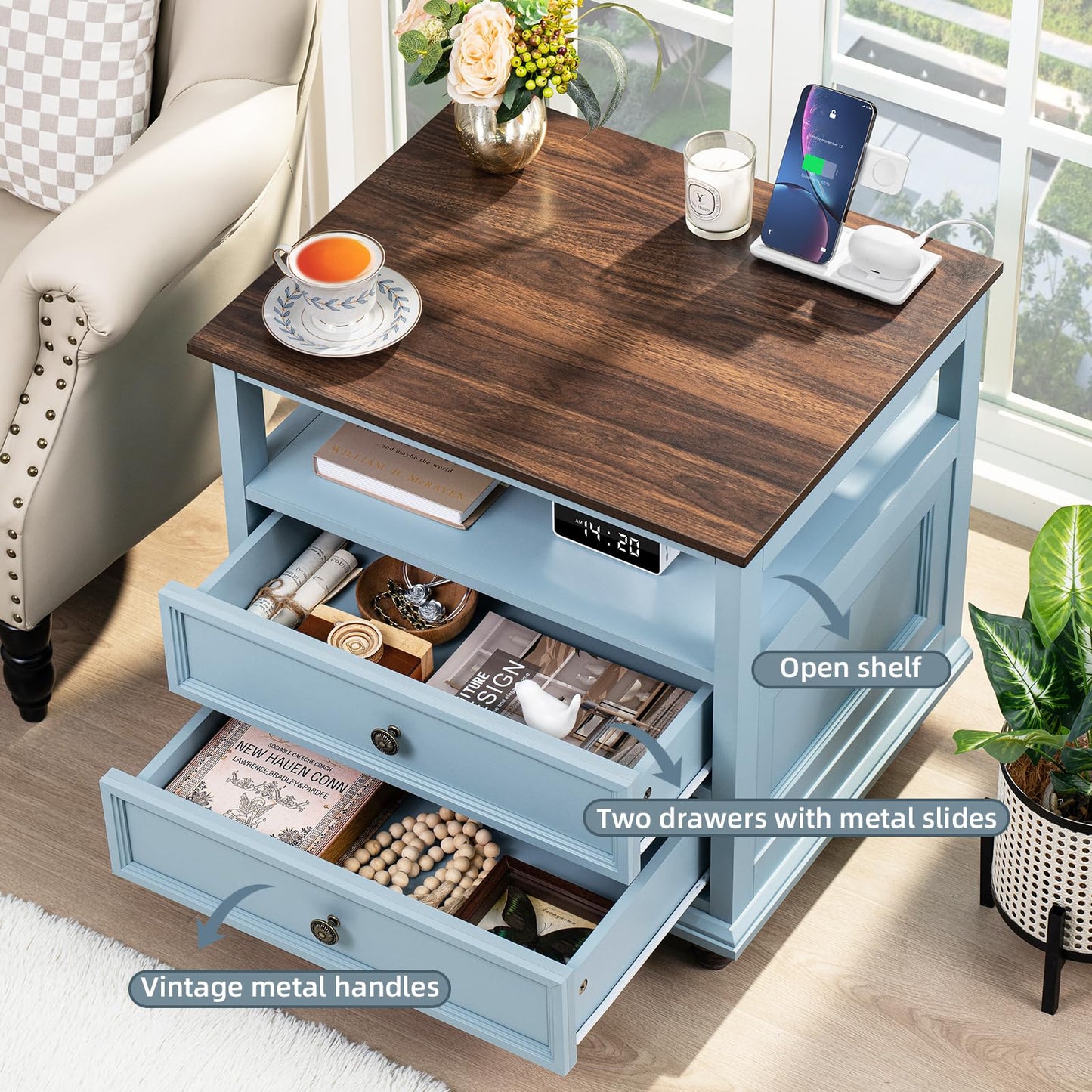 Joaxswe Farmhouse Nightstand with Charging Station, 24" Wide End Table with 2 Drawers, Light Blue Dresser for Bedroom,Wood Bed Side Table Chest of Drawers Cabinet,Night Stand for Living Room,Closet