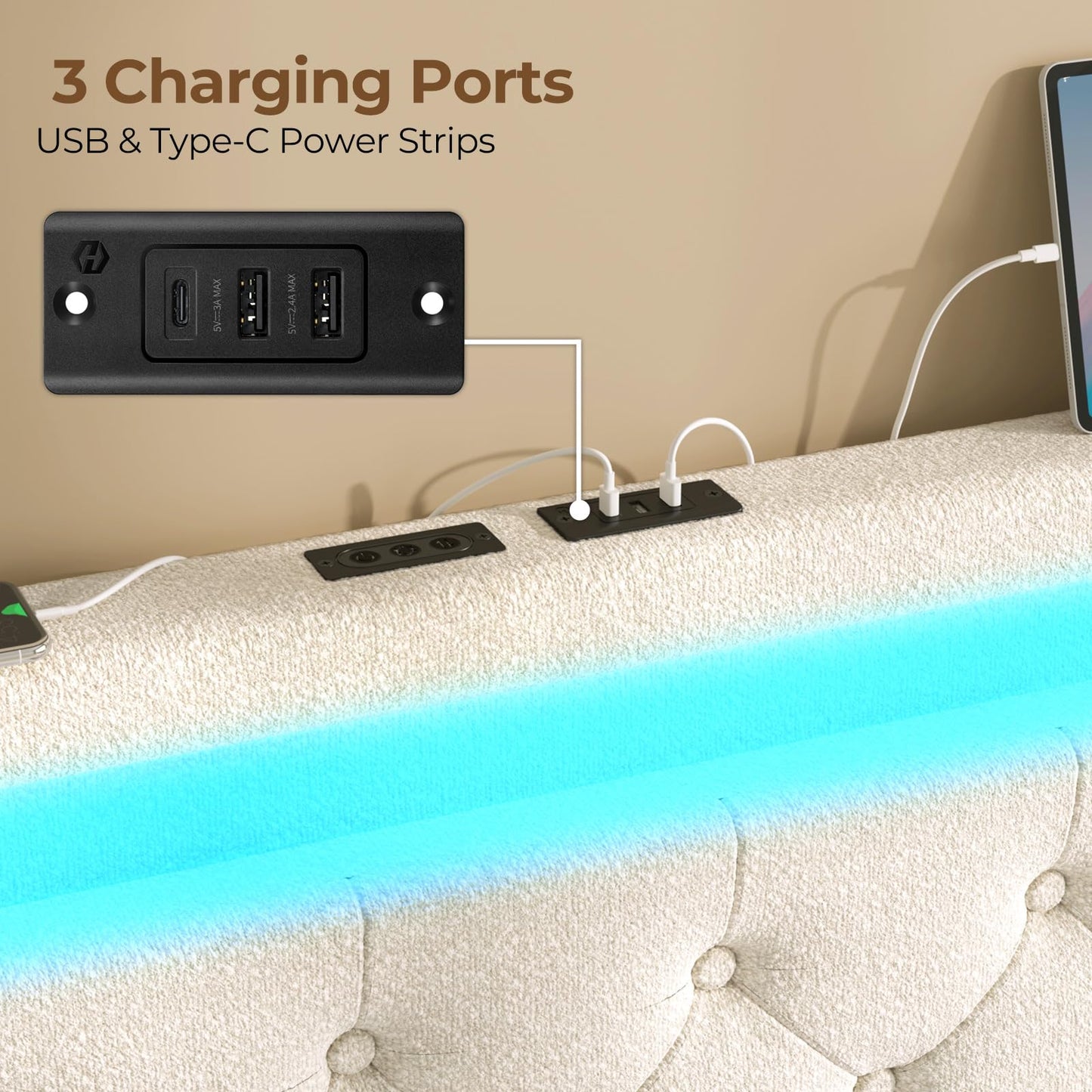 Rolanstar Full Size Bed Frame with Charging Station and LED Lights, Upholstered Bed with Adjustable Headboard and 4 Storage Drawers, No Box Spring Needed, Easy Assembly, White