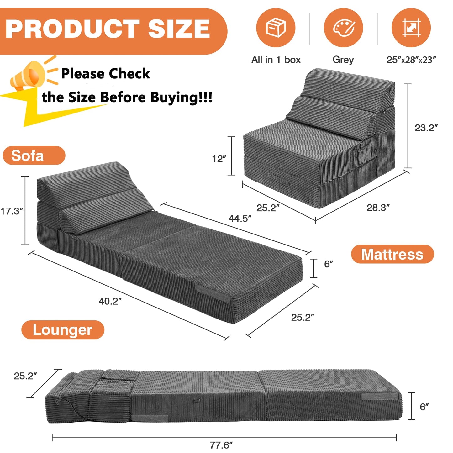 LitaiL Comfy Folding Sofa Bed - Dark Grey Convertible Sleeper Sofa Fold Out Sleeper Chair Couch for Living Room Bedroom Guest, Foldable Floor Chair Corduroy Lounger Mattress with Back Support