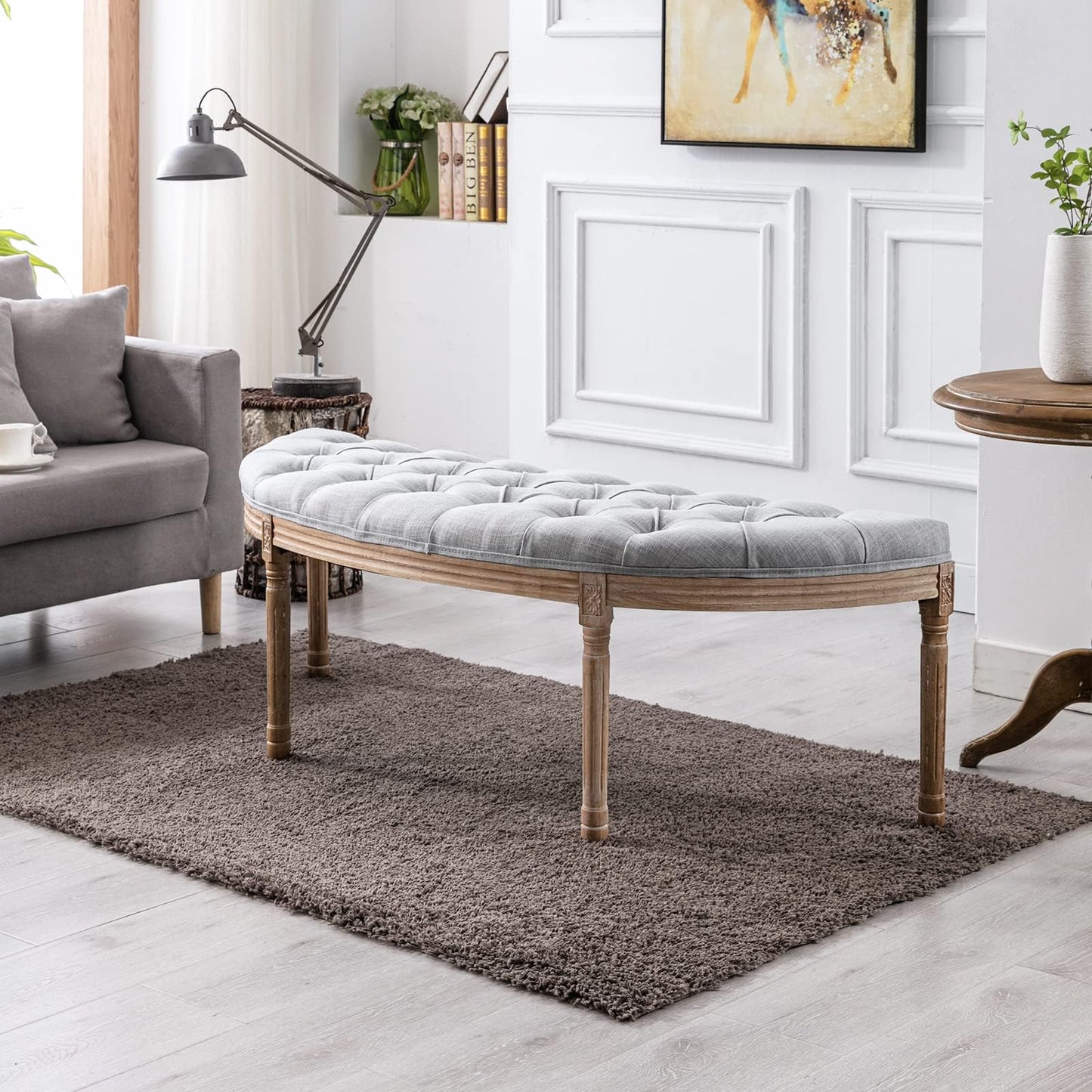 LZAREAL 55" End of Bed Bench Vintage Half Moon Upholstered Fabric Semi-Circle Entryway Bench with Padded Seat & Rubberwood Legs, Tufted Dining Bench for Dining Room Bedroom Living Room Hallway, Grey