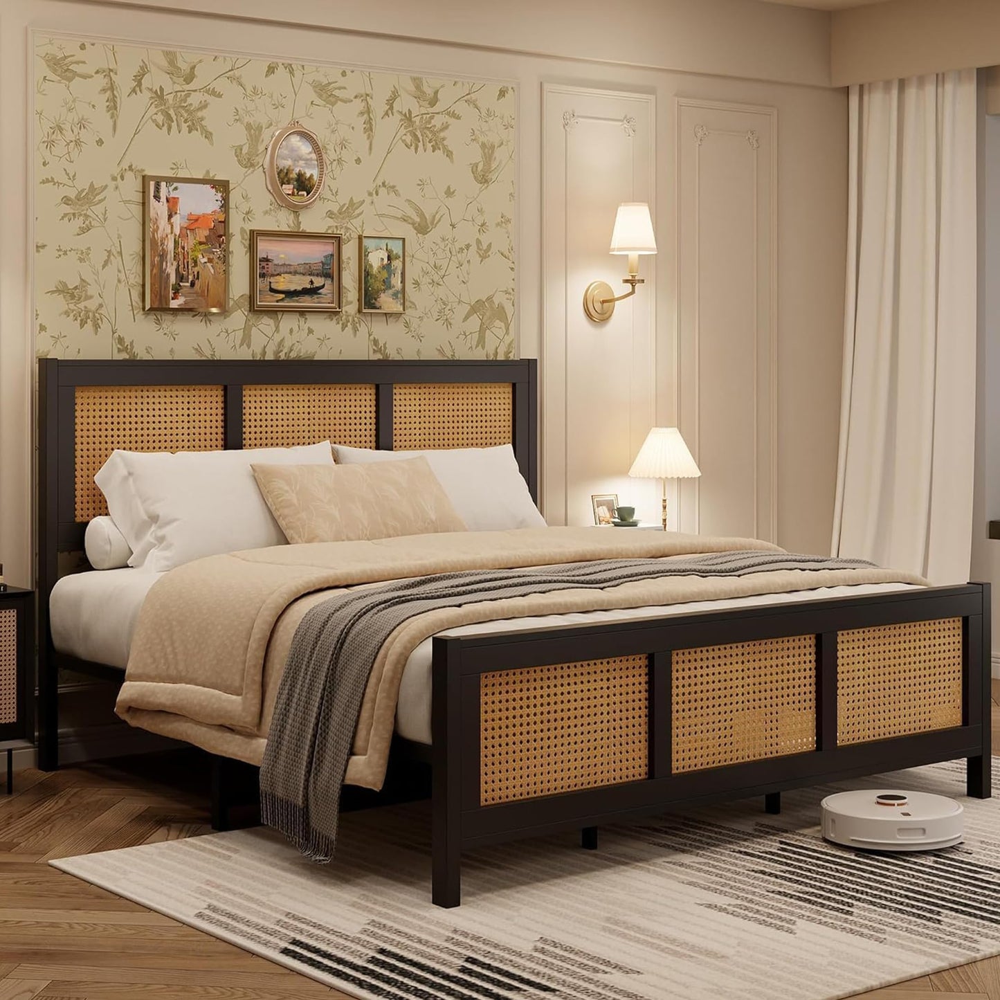 IDEALHOUSE King Size Bed Frame with Headboard, Bohemian Rattan Platform Bed Frame with Strong Metal Slats Support, No Box Spring Needed, Noise-Free Design, Black