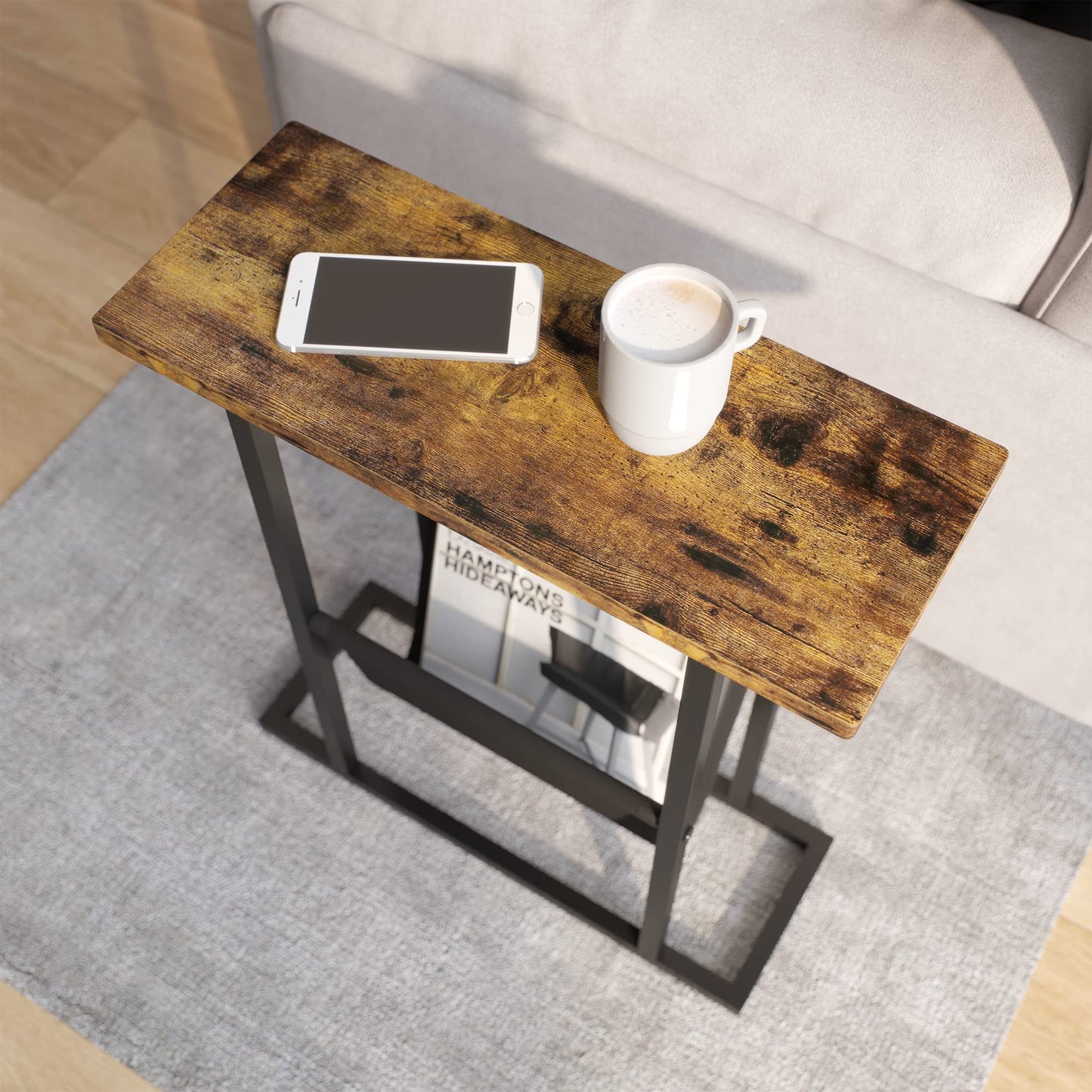 Yusong Small Narrow Side Table for Small Spaces, 17.7" W Slim End Table Magazine Table Nightstand with Storage Holder, Accent Skinny Snack Couch Bedside Table, Rustic Brown, Complete Iron Pipes