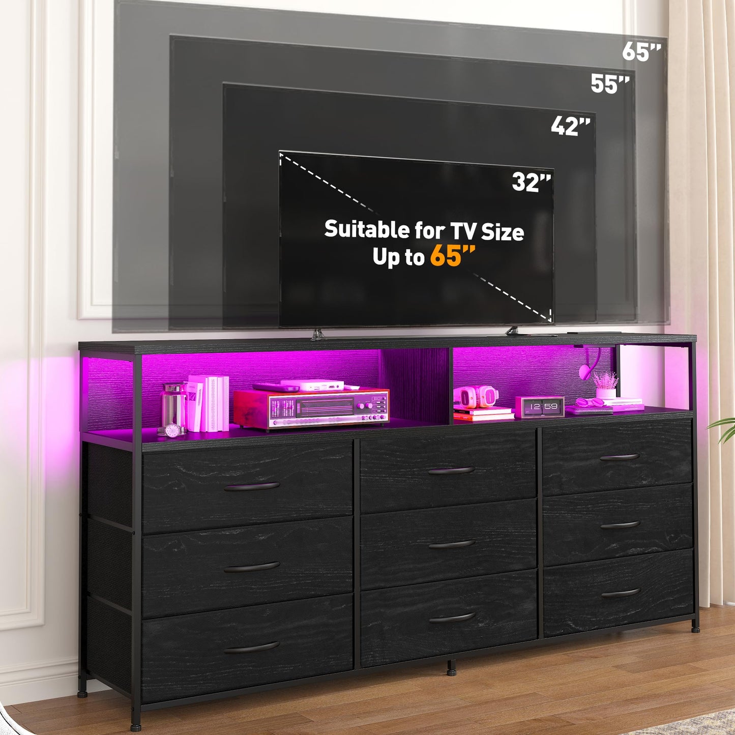 EnHomee 55” W Black Dresser for Bedroom with Charging Station & LED, 65" TV Stand for Bedroom with 9 Fabric Drawers, Sturdy Chest of Drawers with Open Storage Shelves for Closet, Living Room
