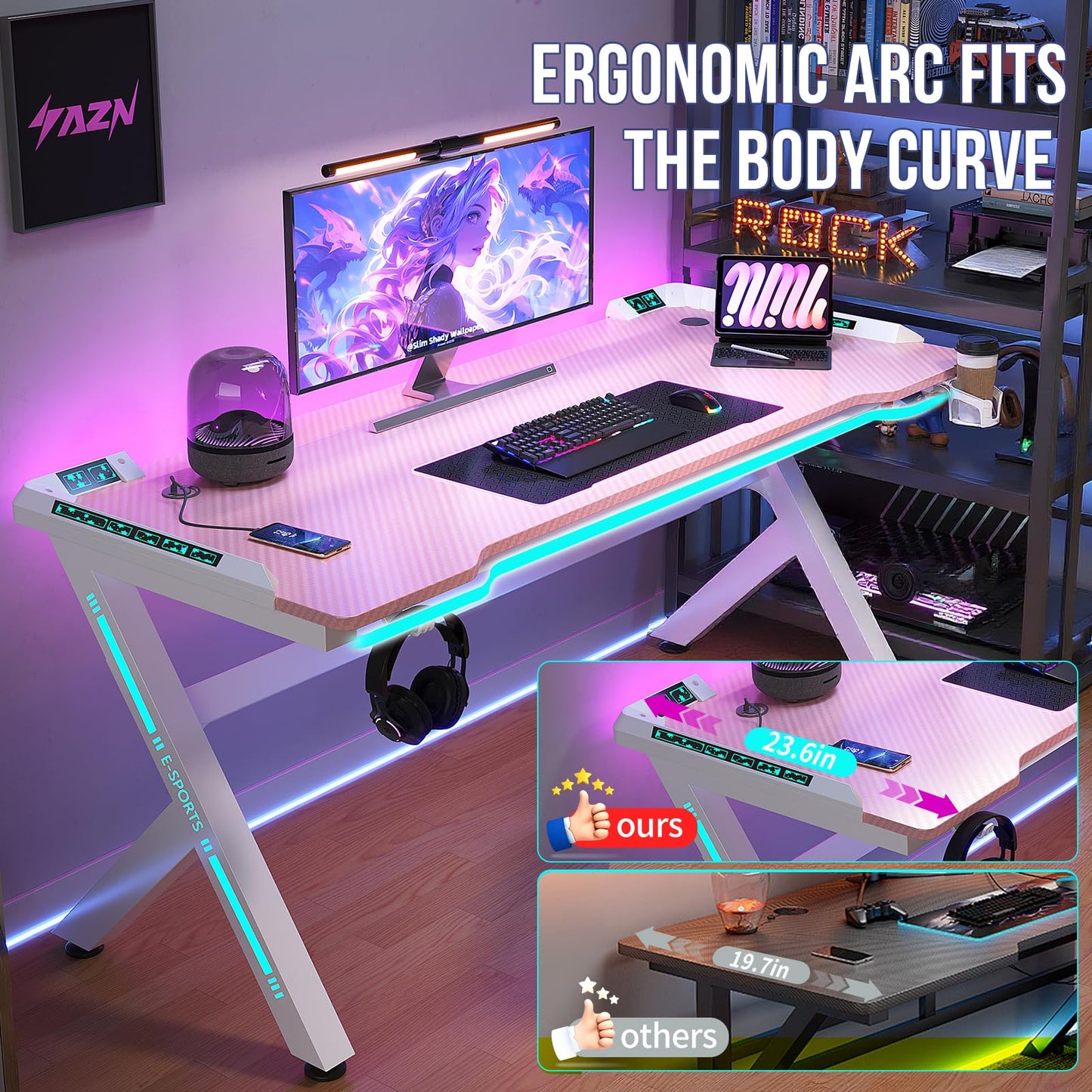 AZN Gaming Desk with LED Lights, Home Office Desks, Computer Desk Gaming Small Desk for Bedroom, Study Table with USB Charging Ports (Pink, 55 Inch)