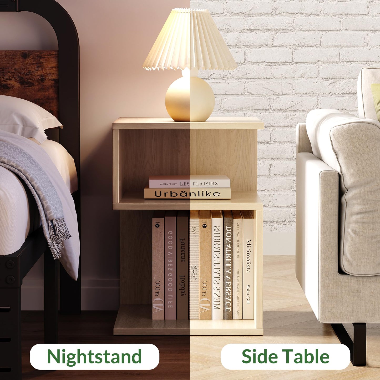 ODIKA Tokyo S Minimalist 3 Tier End Table - Minimalist 3-Tier Wood Nightstand for Small Spaces with Open Storage - Japanese-Inspired Bedside Table for Bedroom (Natural)