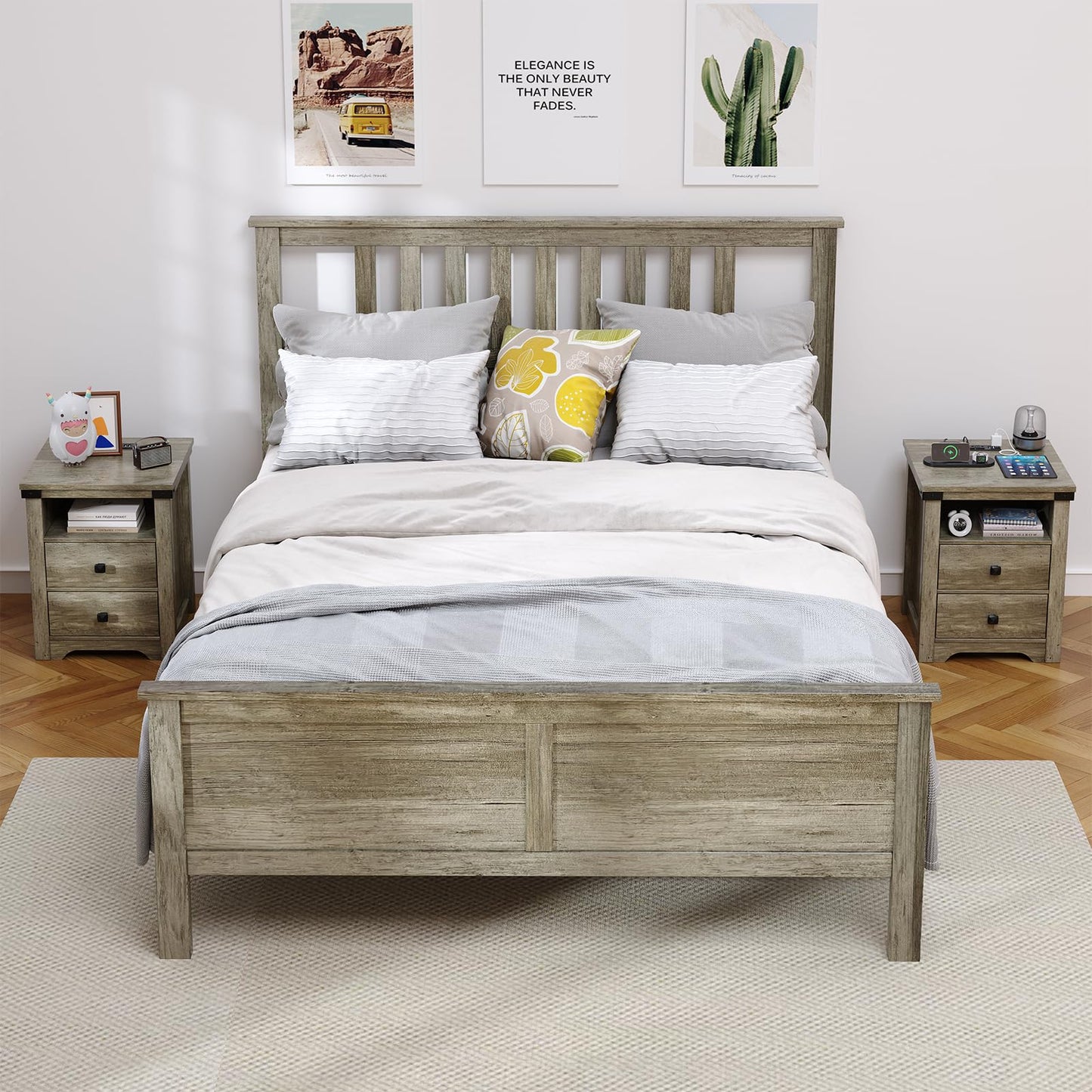 RexTact Farmhouse Nightstand with LED Lights and Built-in Power Outlets & USB Ports,17.7"D x 17.7"W Bedside Table with 2 Drawers and Open Storage Shelf, End Table for Bedroom,Home Study Storage,Gray
