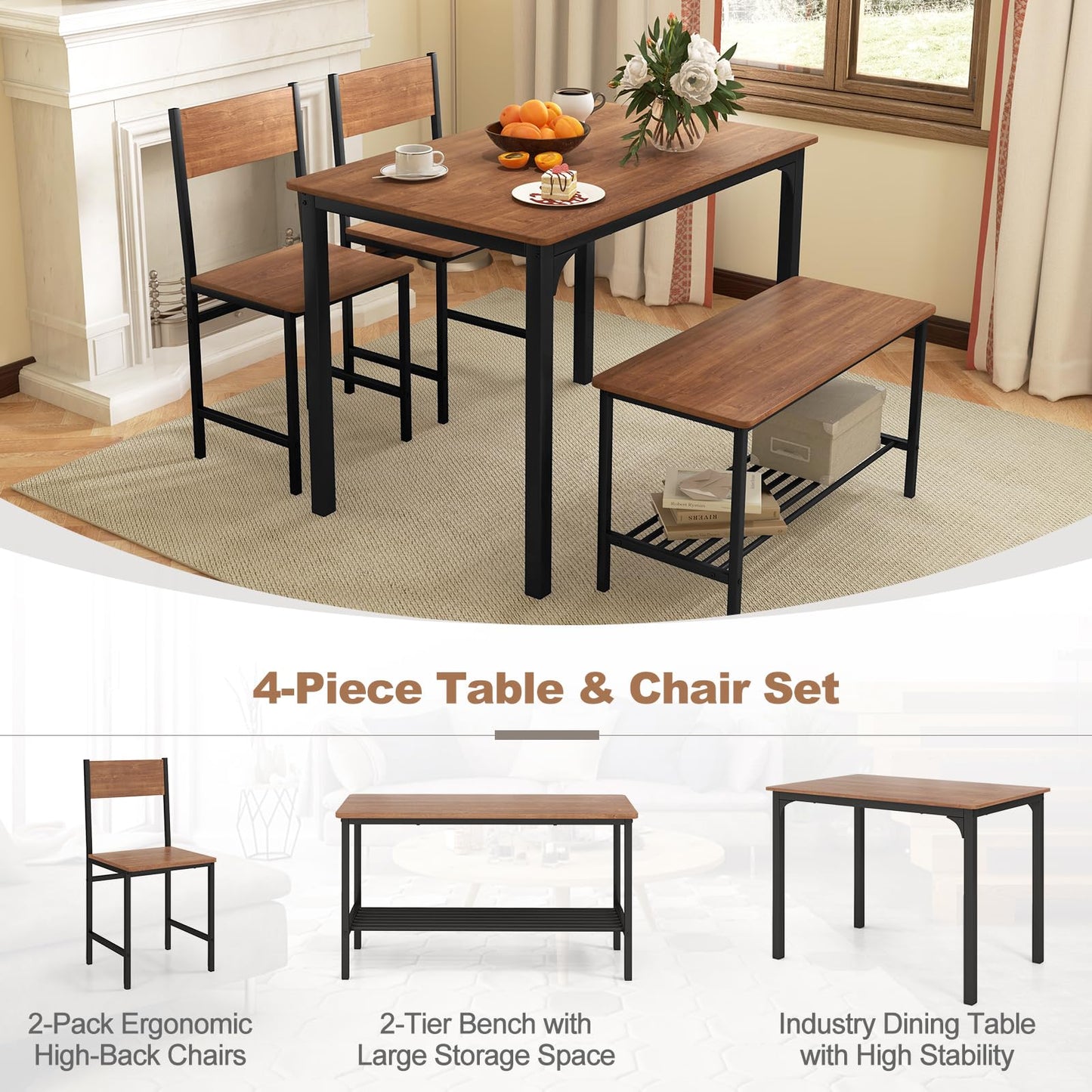 ReunionG Dining Table Set for 4, Modern Dinette with 1 Bench & 2 Chairs, Storage Shelf, 4-Piece Kitchen Table for Small Space, Apartment, Dining Room, Restaurant (Rustic Brown)