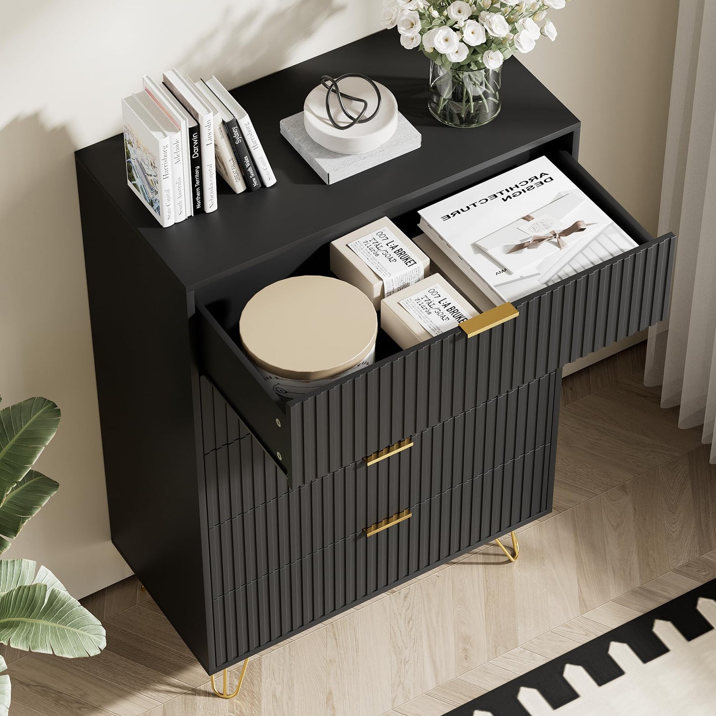Furniway Black Dresser for Bedroom, Fluted Modern Dresser with Gold Pulls and 5 Drawers, 15.7" D x 31.5" W x 47.2" H