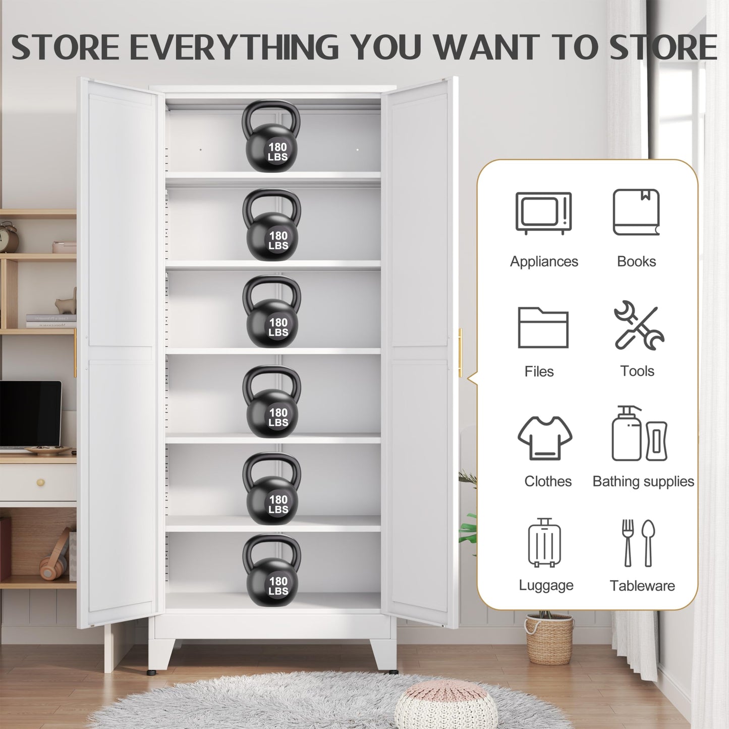 GAIOUS 75.2" Tall Pantry Cabinet, Kitchen Pantry Storage Cabinets with 2 Door and 5 Adjustable Shelves, White Metal Pantry Storage Cabinet, Cupboard for Kitchen, Dining Room, Living Room and Bathroom