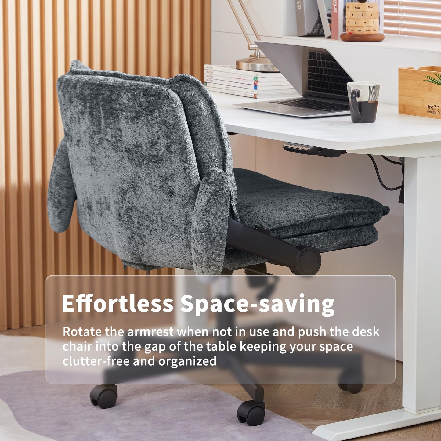 FanciSpot Cross Legged Office Chair with Wheels and Adjustable Flip-Arms, Criss Cross Desk Chair with Thick Cushion, Wide Seat Chair for Home Office, Apartment, Bedroom, Grey