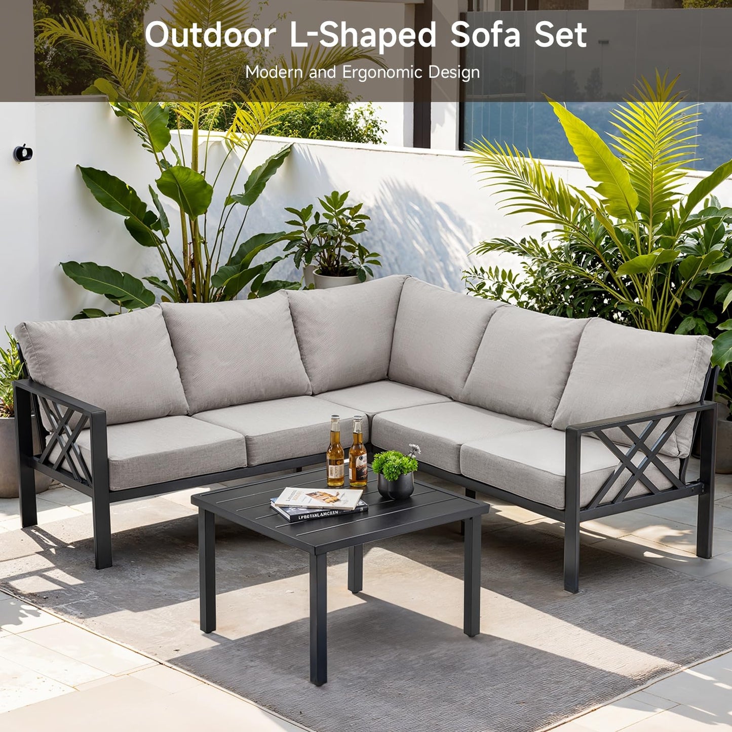 Patio Furniture Set, 6-piece Metal Sectional Furniture Sofa with Coffee Table, L Shaped Outdoor Couch with Olefin Cushion, Highback Frame, Outdoor Patio Conversation Sets for Balcony Backyard, Grey