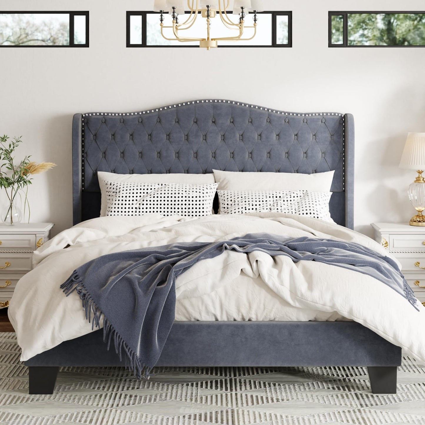 SwnftWinnt Queen Size Upholstered Bed Frame, Velvet Luxury Wingback Headback, Platform Bed with Deep Button Tufted & Nailhead Trim, No Box Spring Needed, Noise Free, Easy Assembly, Grey