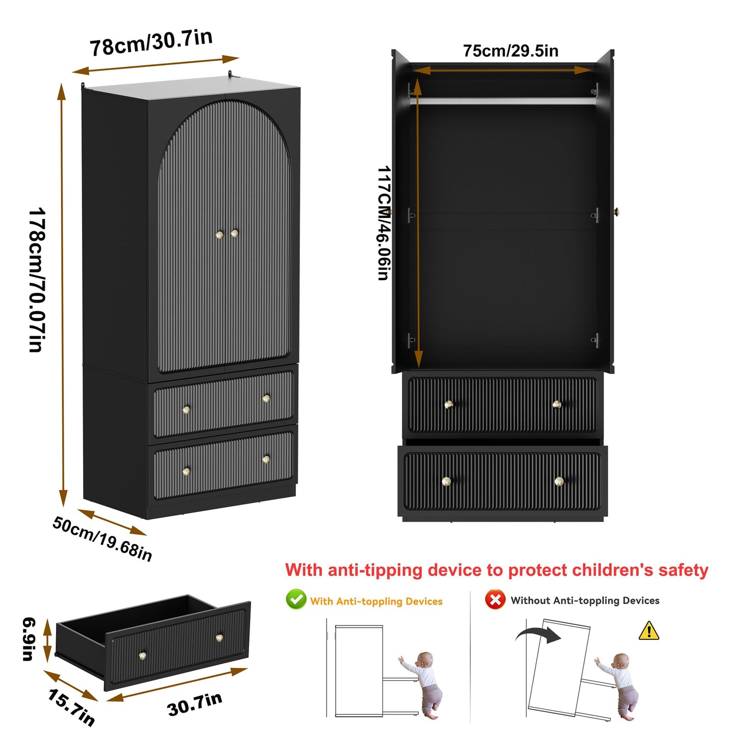 PAKASEPT Armoire Wardrobe Closet with 2 Drawers & Hanging Rod, Freestanding Wooden Wardrobe Cabinet with 2 Striped Doors for Bedroom, Living Room