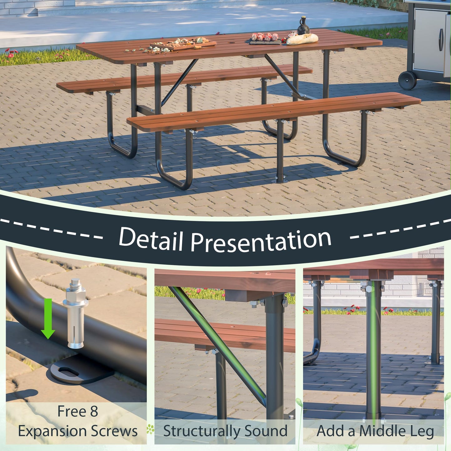 QUAWIP 72" Rectangular Outdoor Picnic Table - 6 Person Brown Wooden Dining Set with Built-in Benches, Ideal for Garden BBQ & Courtyards