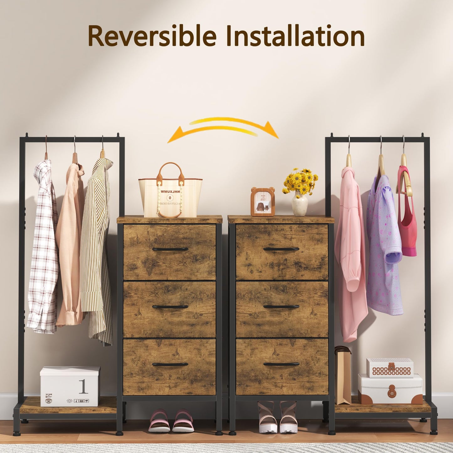 AFLUI Dresser for Bedroom with Hanging Rack, 3 Drawers Dresser for Bedroom - Rustic Brown